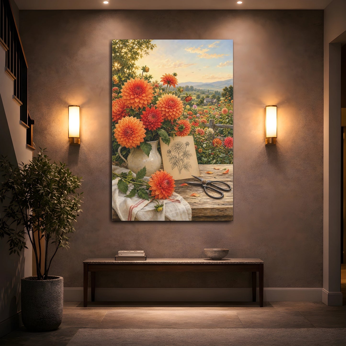 Mockup 2. Floral Dahlias Orange Dahlias shown as stretched canvas wall art