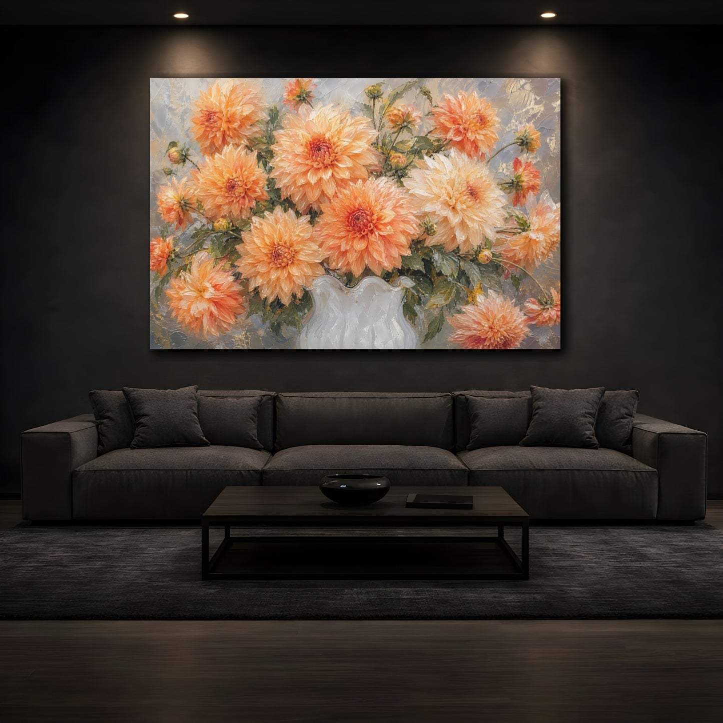 Mockup 3. Floral Dahlias Orange Dahlias shown as stretched canvas wall art