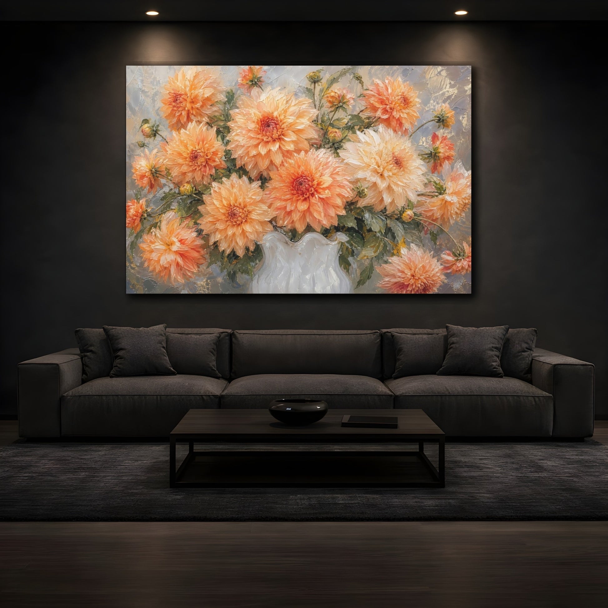 Mockup 3. Floral Dahlias Orange Dahlias shown as stretched canvas wall art