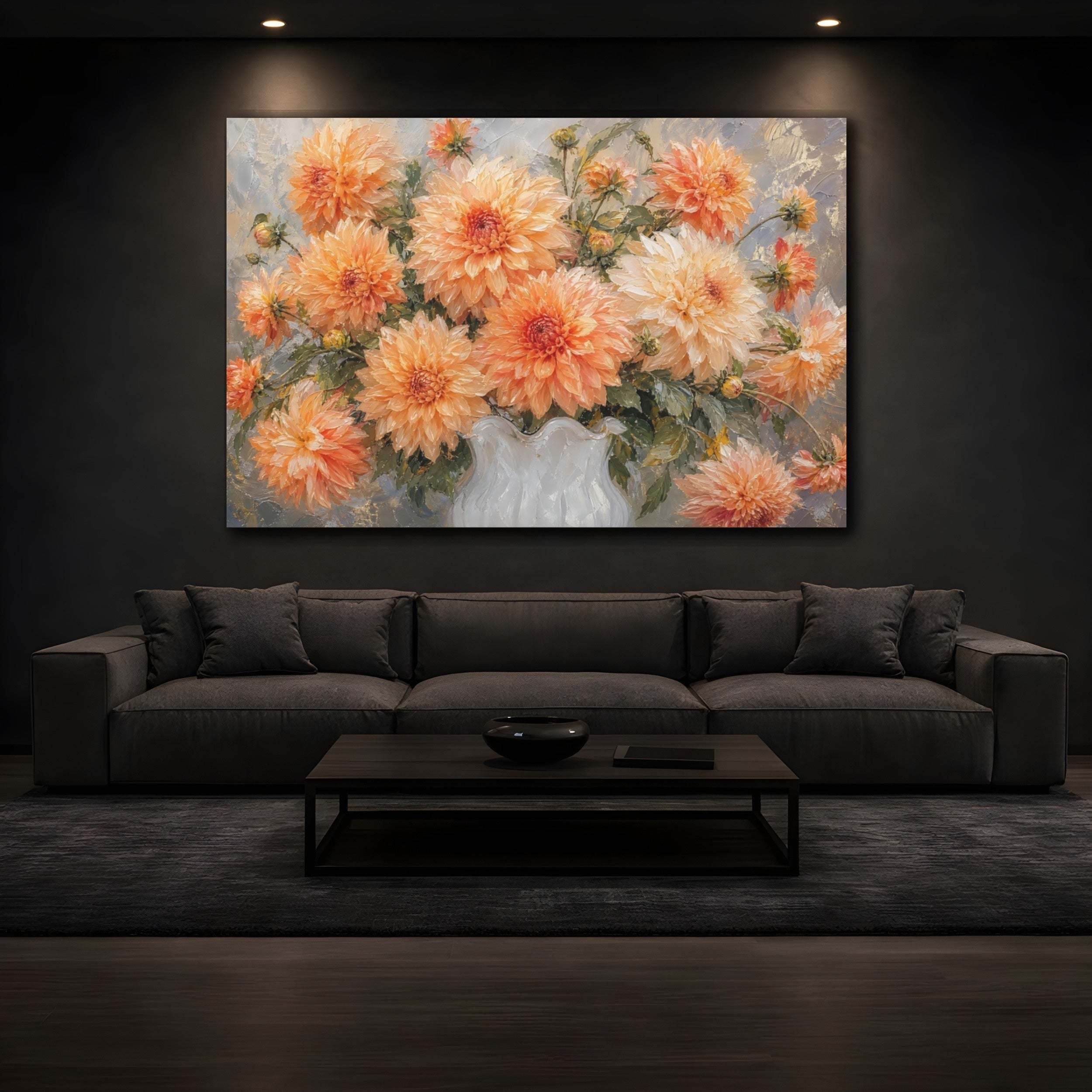 Mockup 3. Floral Dahlias Orange Dahlias shown as stretched canvas wall art
