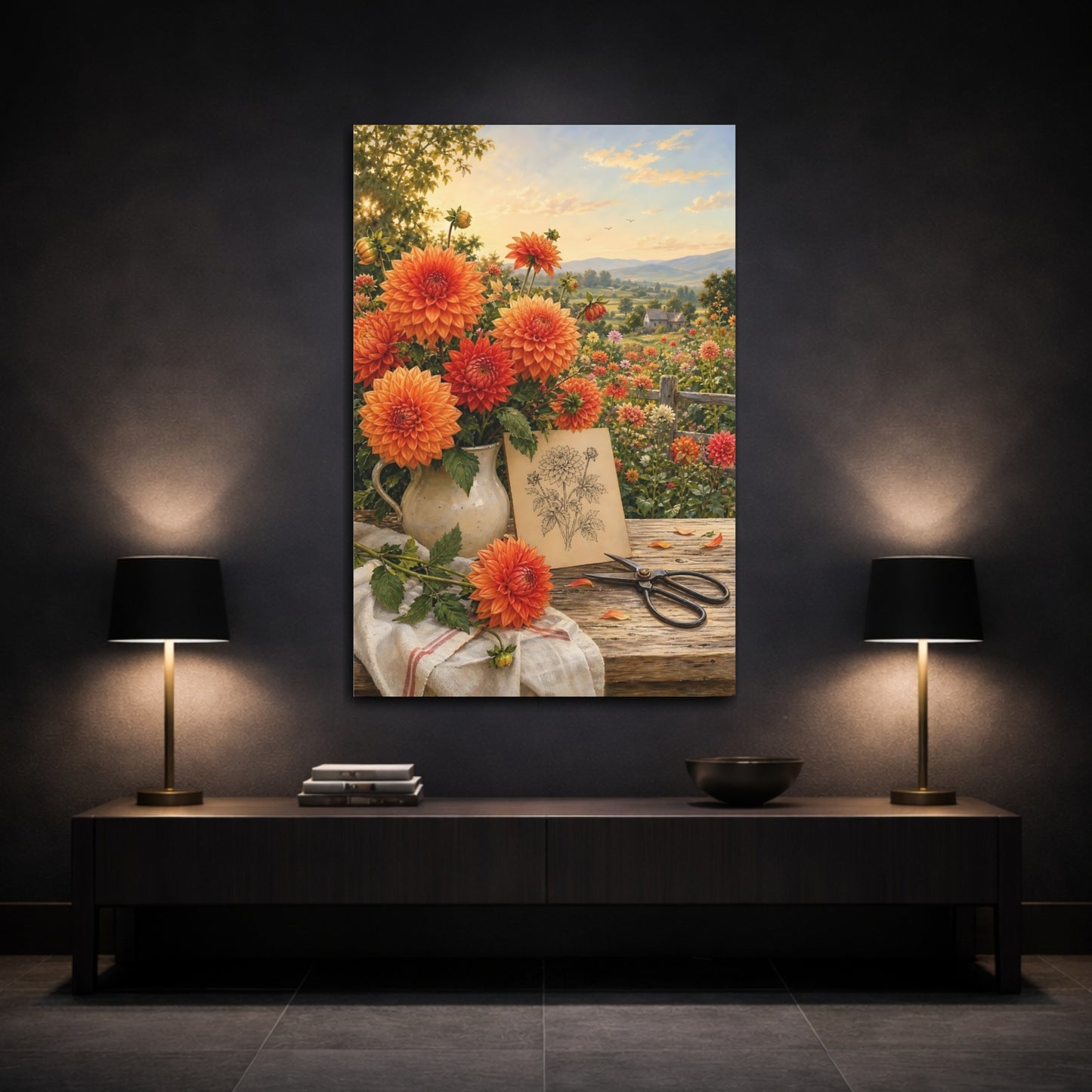 Mockup 3. Floral Dahlias Orange Dahlias shown as stretched canvas wall art