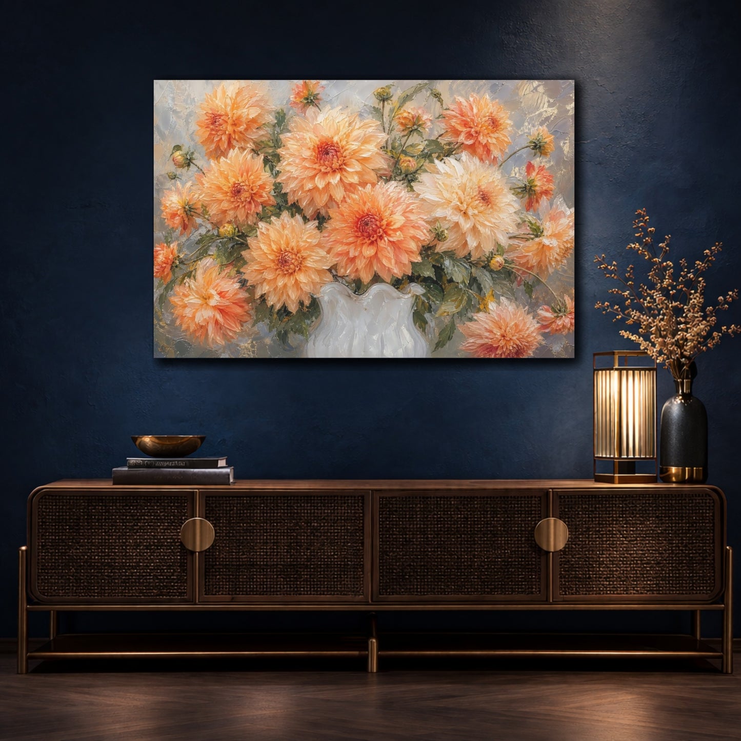 Mockup 4. Floral Dahlias Orange Dahlias shown as stretched canvas wall art