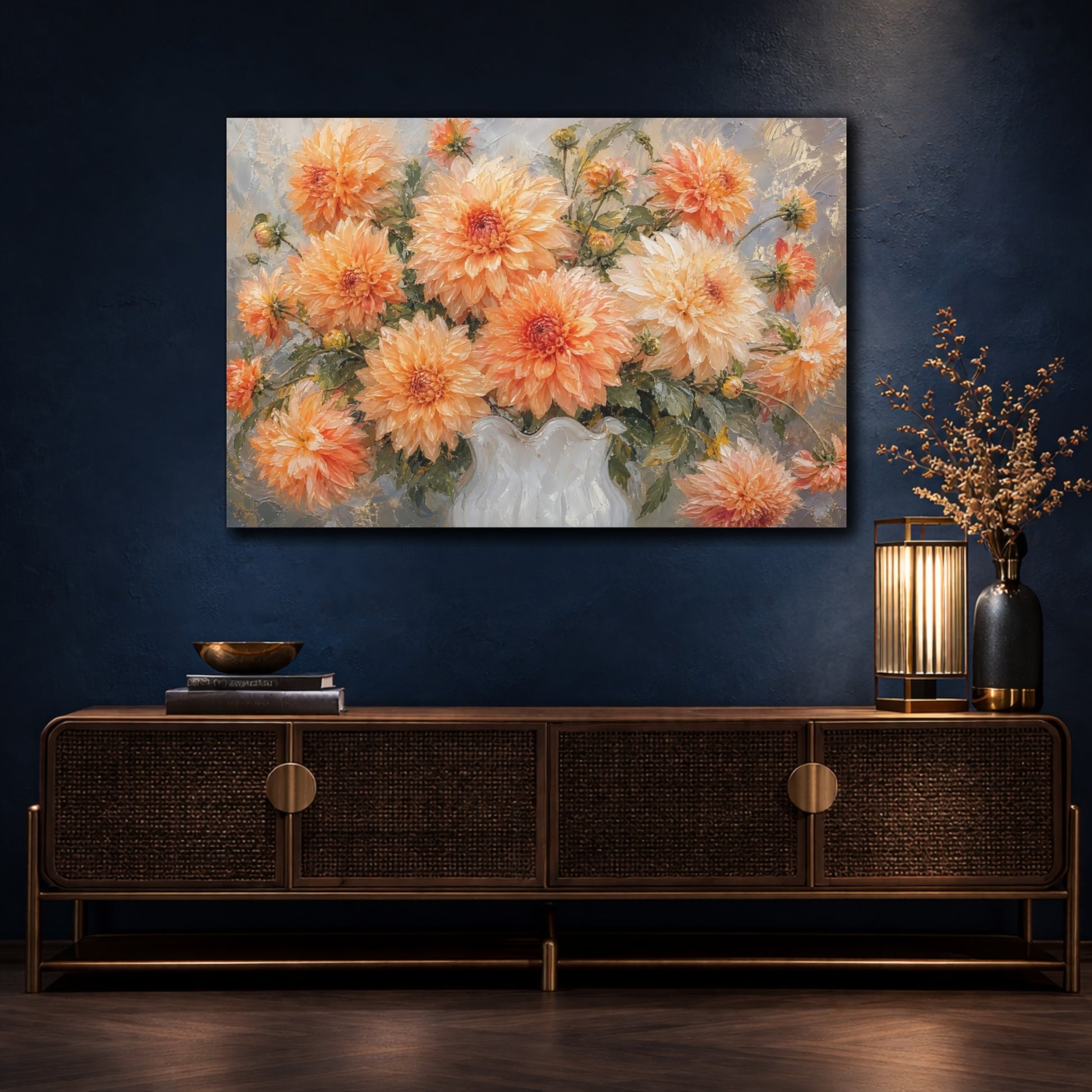 Mockup 4. Floral Dahlias Orange Dahlias shown as stretched canvas wall art