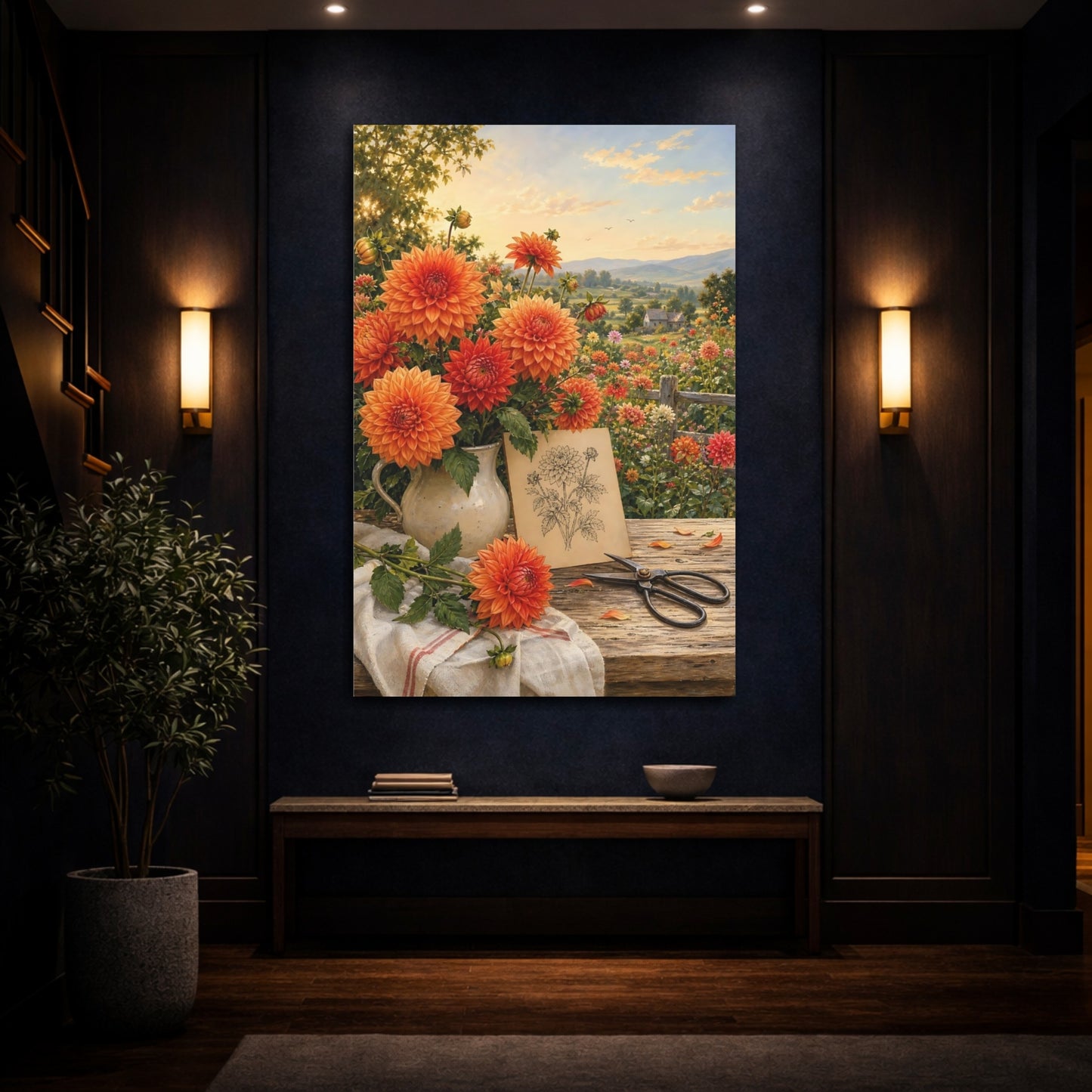 Mockup 4. Floral Dahlias Orange Dahlias shown as stretched canvas wall art