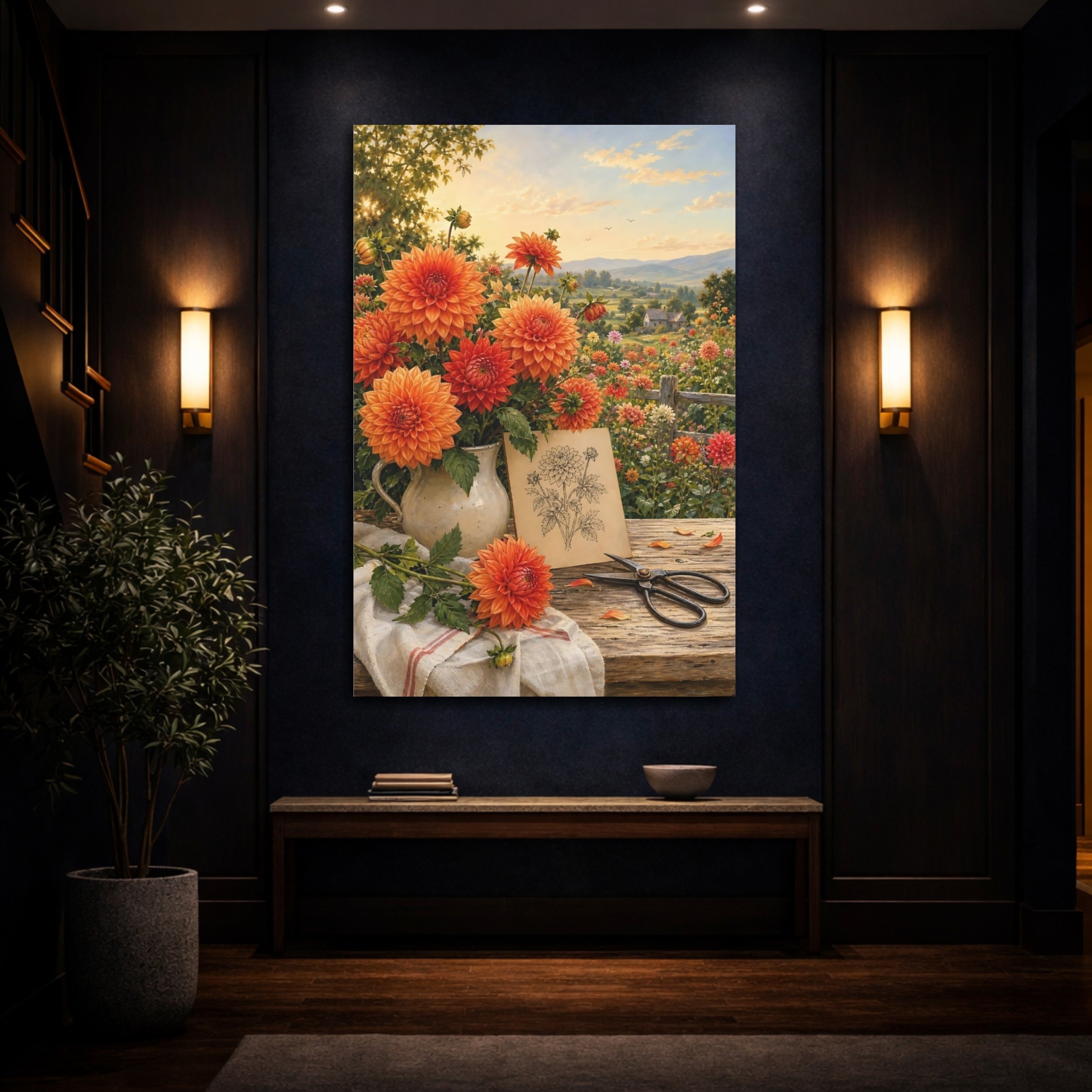 Mockup 4. Floral Dahlias Orange Dahlias shown as stretched canvas wall art