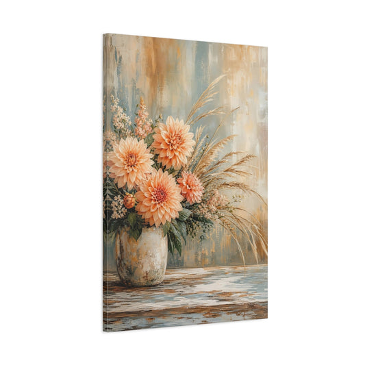 Main Mockup. Floral Dahlias Peach And Blue Flowers shown as stretched canvas wall art