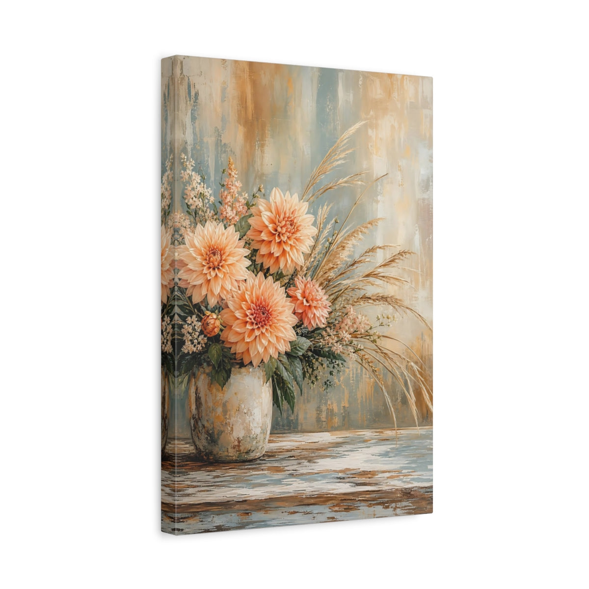 Side Mockup 4. Floral Dahlias Peach And Blue Flowers shown as stretched canvas wall art