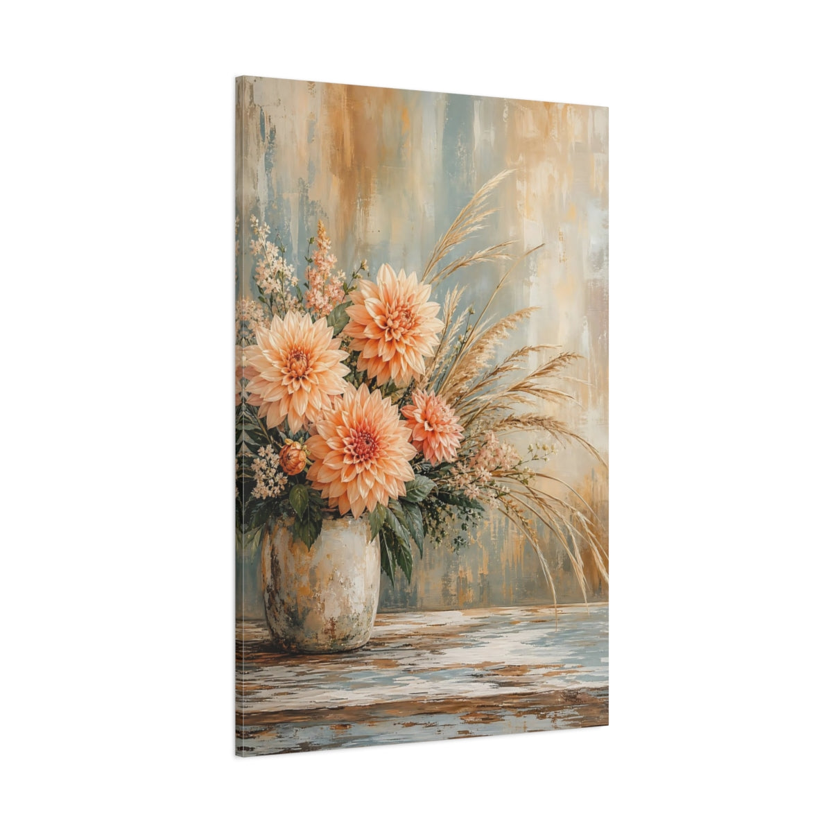 Side Mockup 1. Floral Dahlias Peach And Blue Flowers shown as stretched canvas wall art