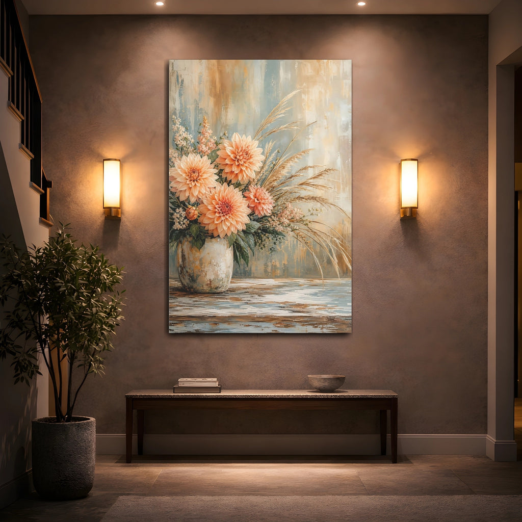 Mockup 2. Floral Dahlias Peach And Blue Flowers shown as stretched canvas wall art