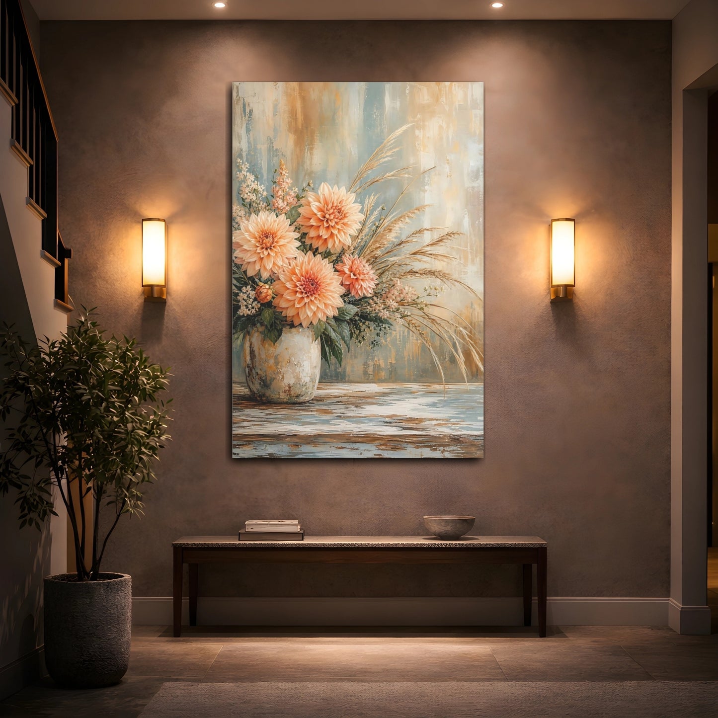 Mockup 2. Floral Dahlias Peach And Blue Flowers shown as stretched canvas wall art