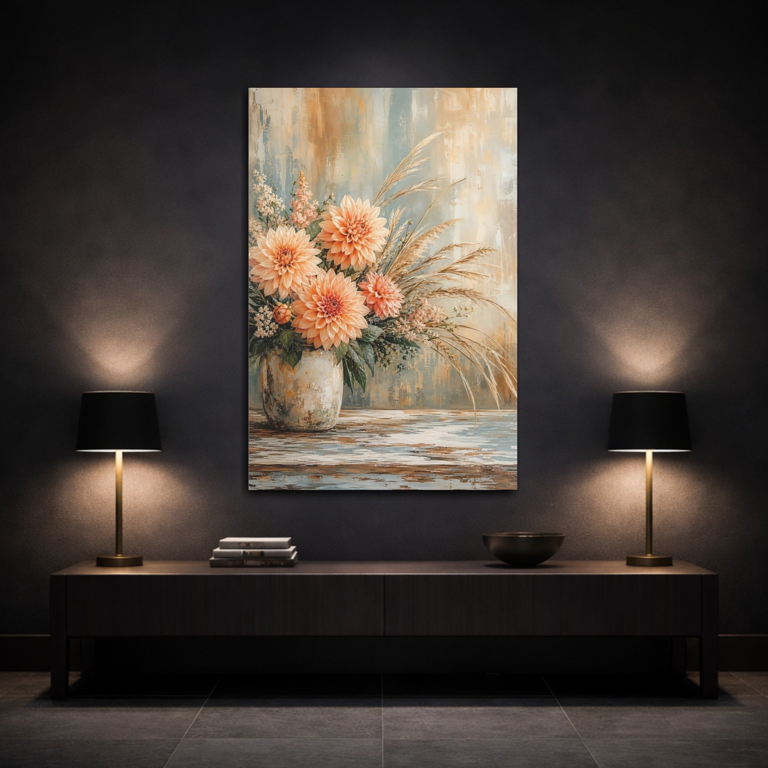 Mockup 3. Floral Dahlias Peach And Blue Flowers shown as stretched canvas wall art