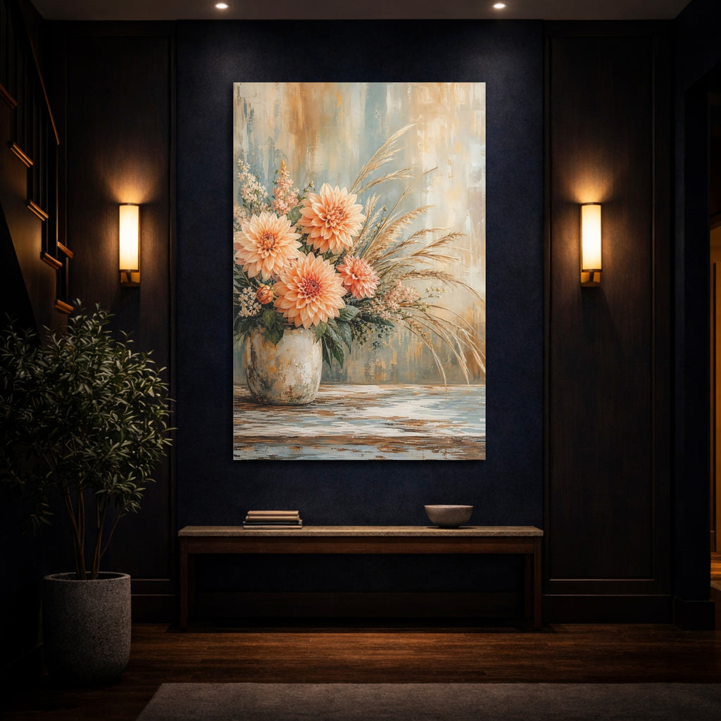 Mockup 4. Floral Dahlias Peach And Blue Flowers shown as stretched canvas wall art