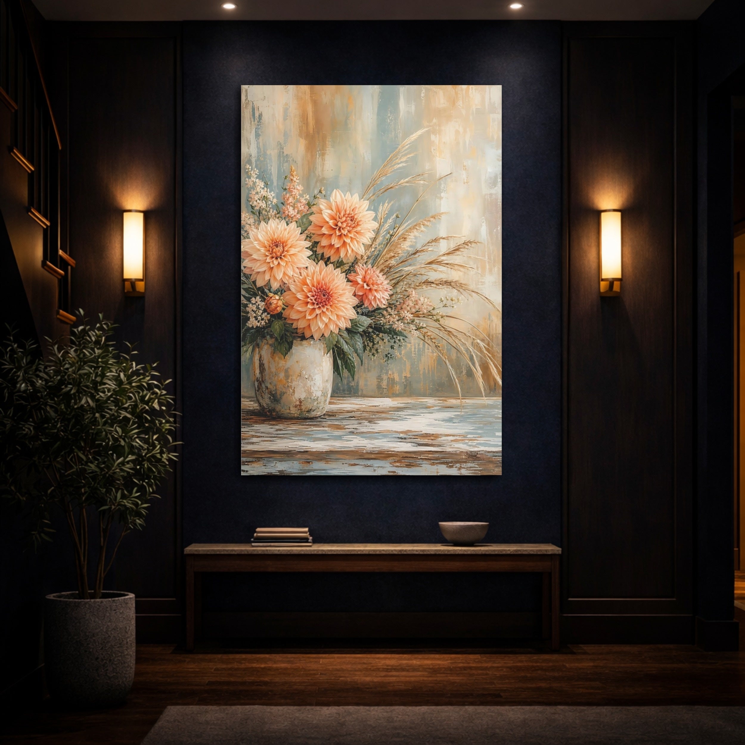 Mockup 4. Floral Dahlias Peach And Blue Flowers shown as stretched canvas wall art