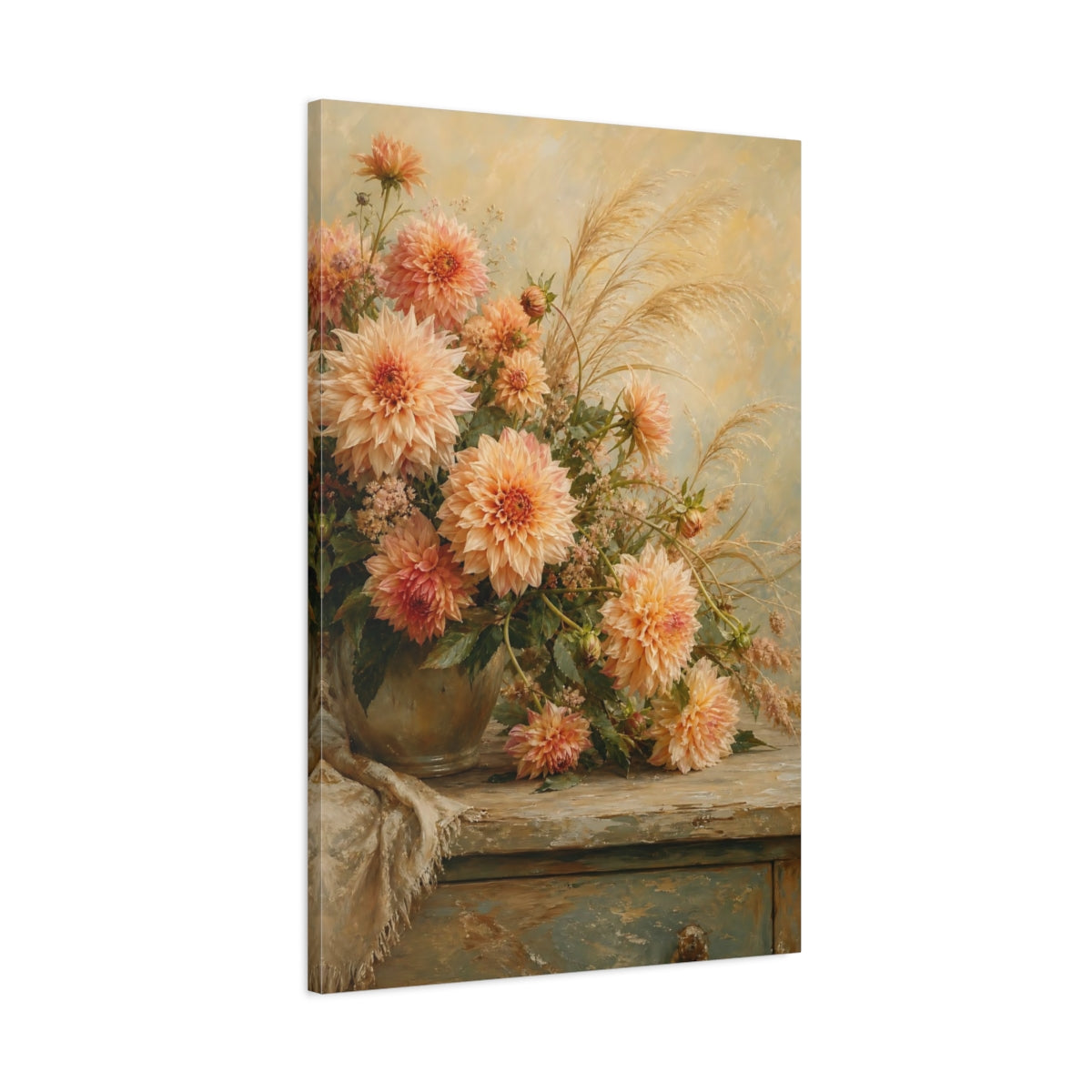 Main Mockup. Floral Dahlias Peach And Gold shown as stretched canvas wall art