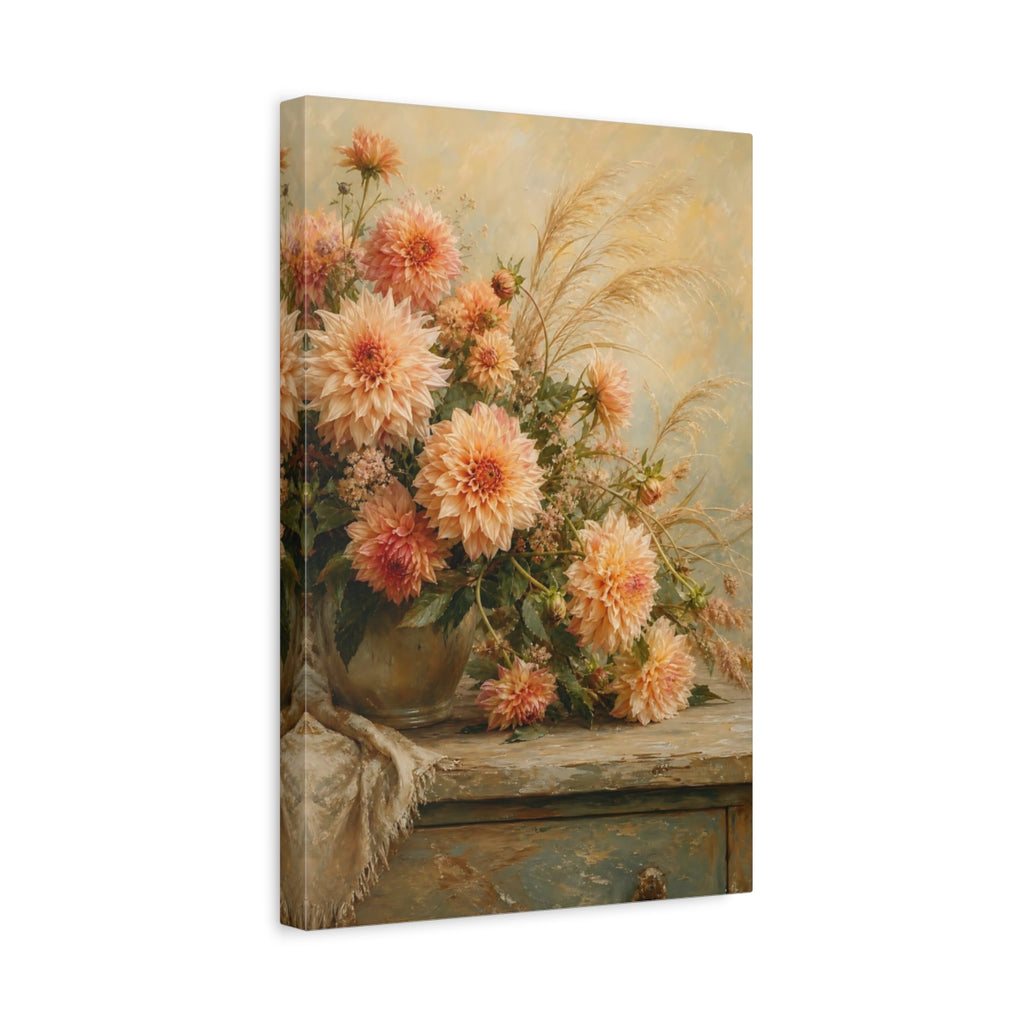 Side Mockup 4. Floral Dahlias Peach And Gold shown as stretched canvas wall art