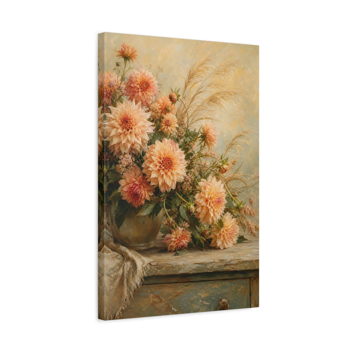 Side Mockup 3. Floral Dahlias Peach And Gold shown as stretched canvas wall art