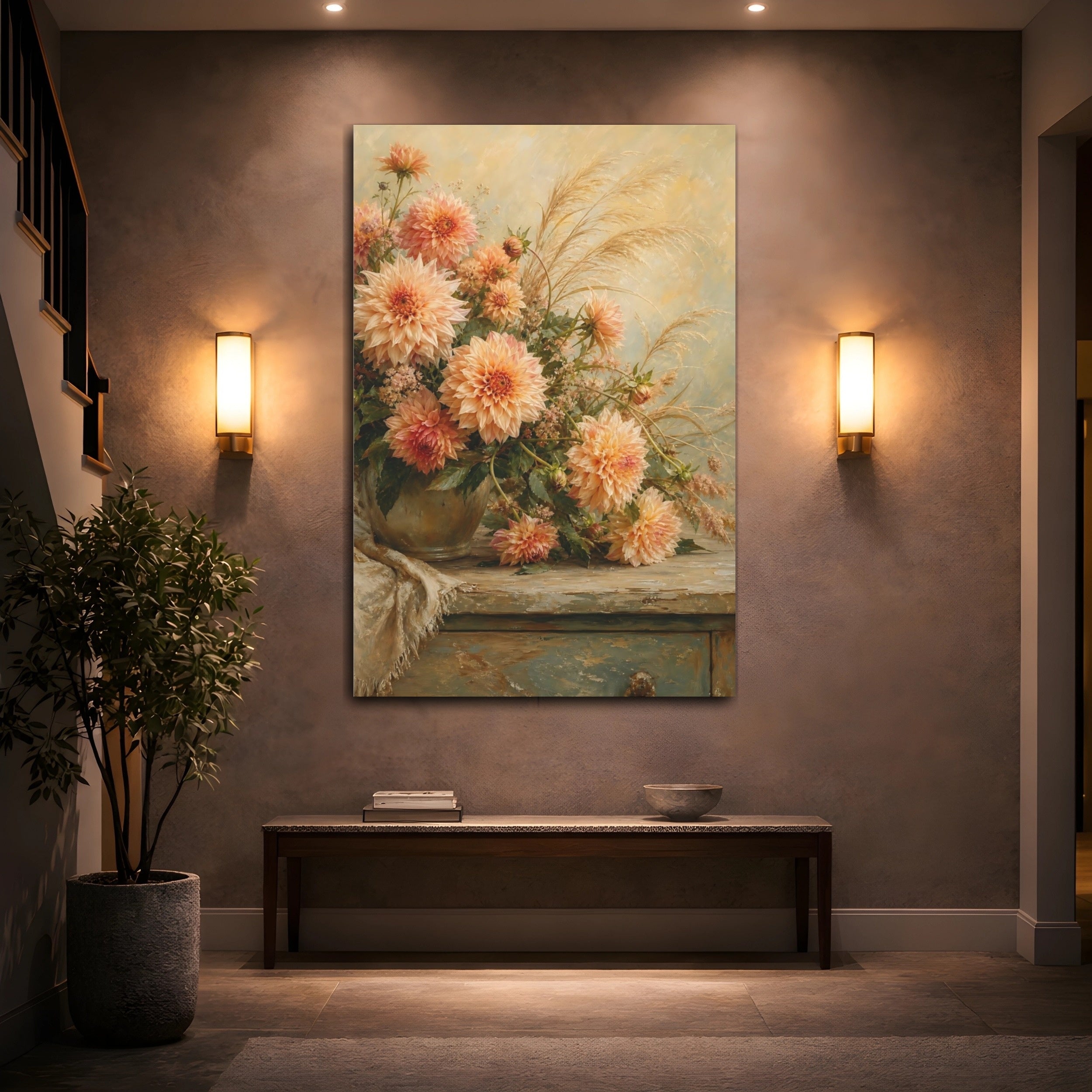 Mockup 2. Floral Dahlias Peach And Gold shown as stretched canvas wall art