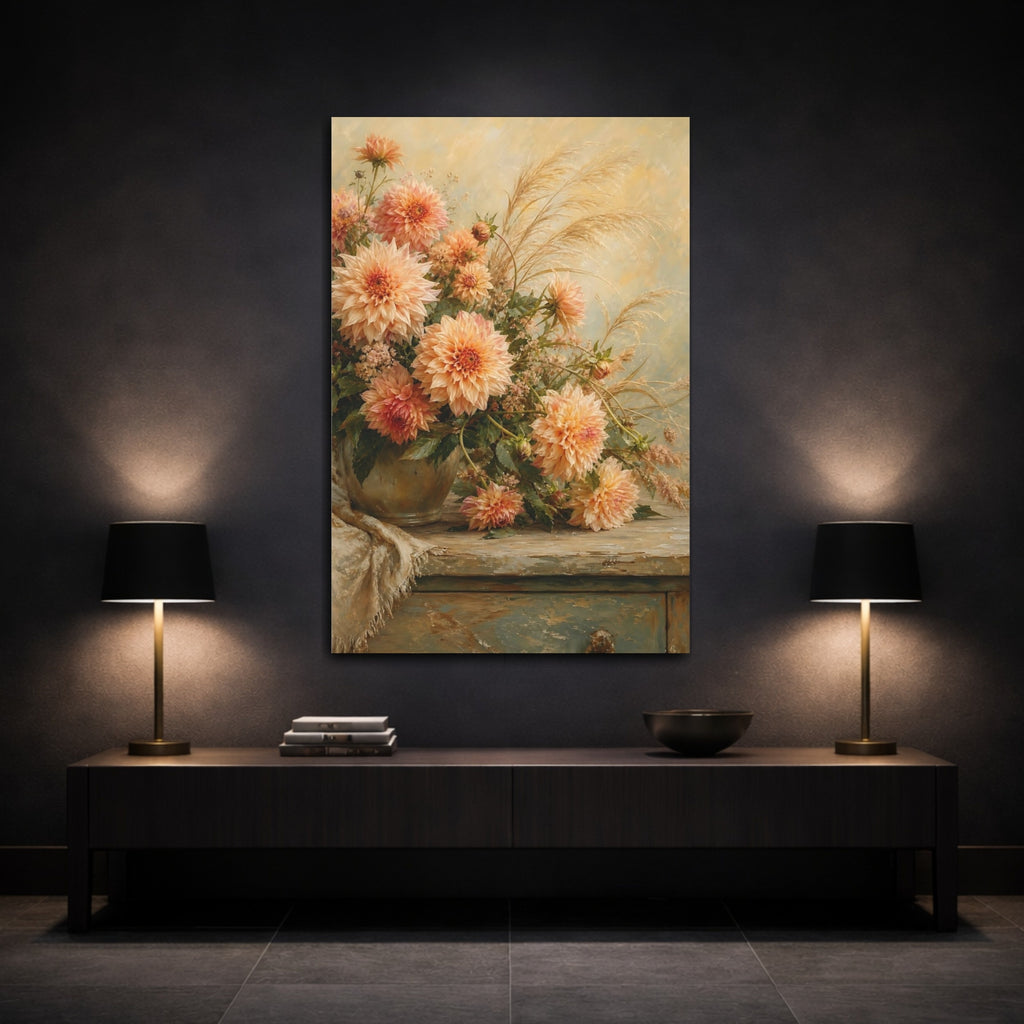 Mockup 3. Floral Dahlias Peach And Gold shown as stretched canvas wall art