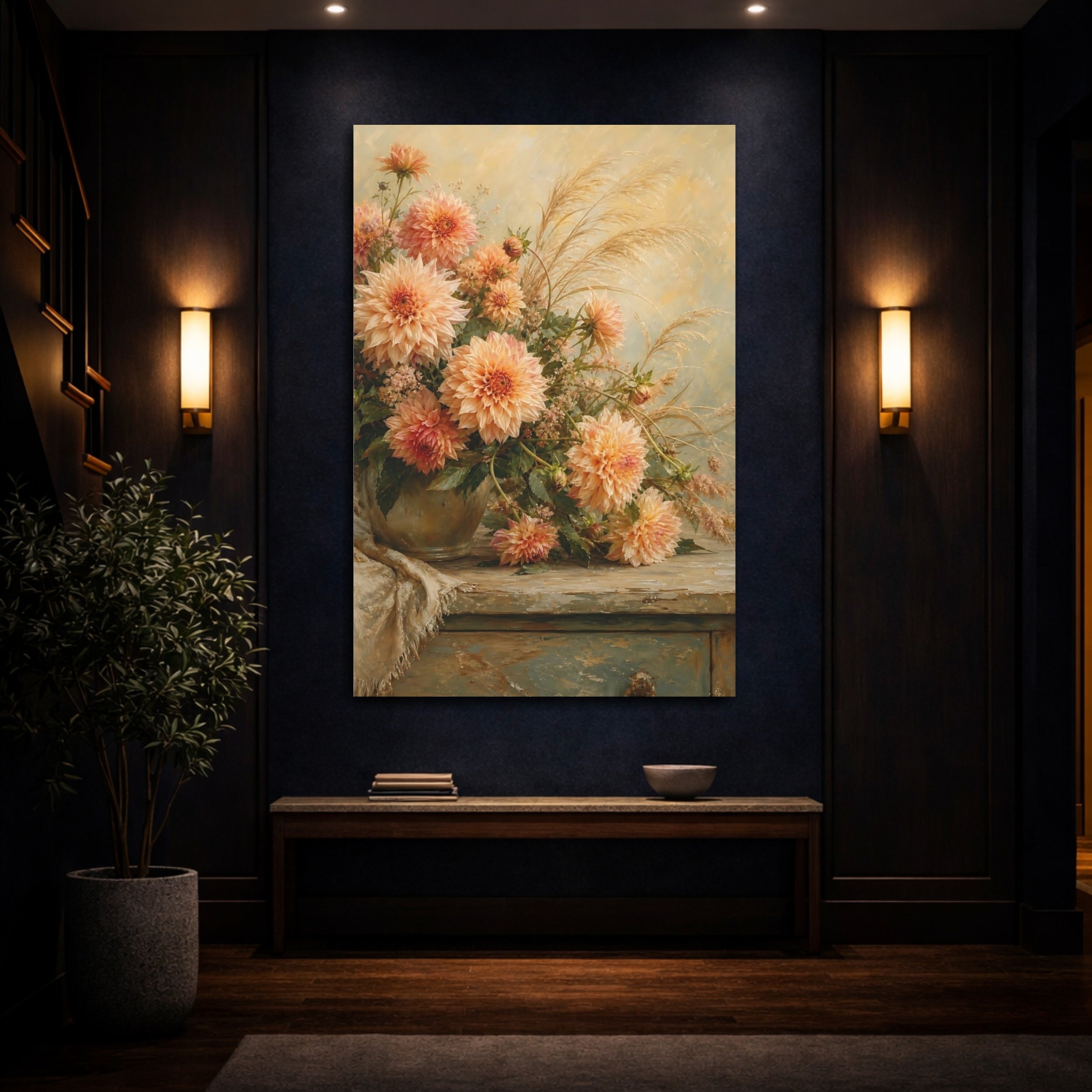 Mockup 4. Floral Dahlias Peach And Gold shown as stretched canvas wall art