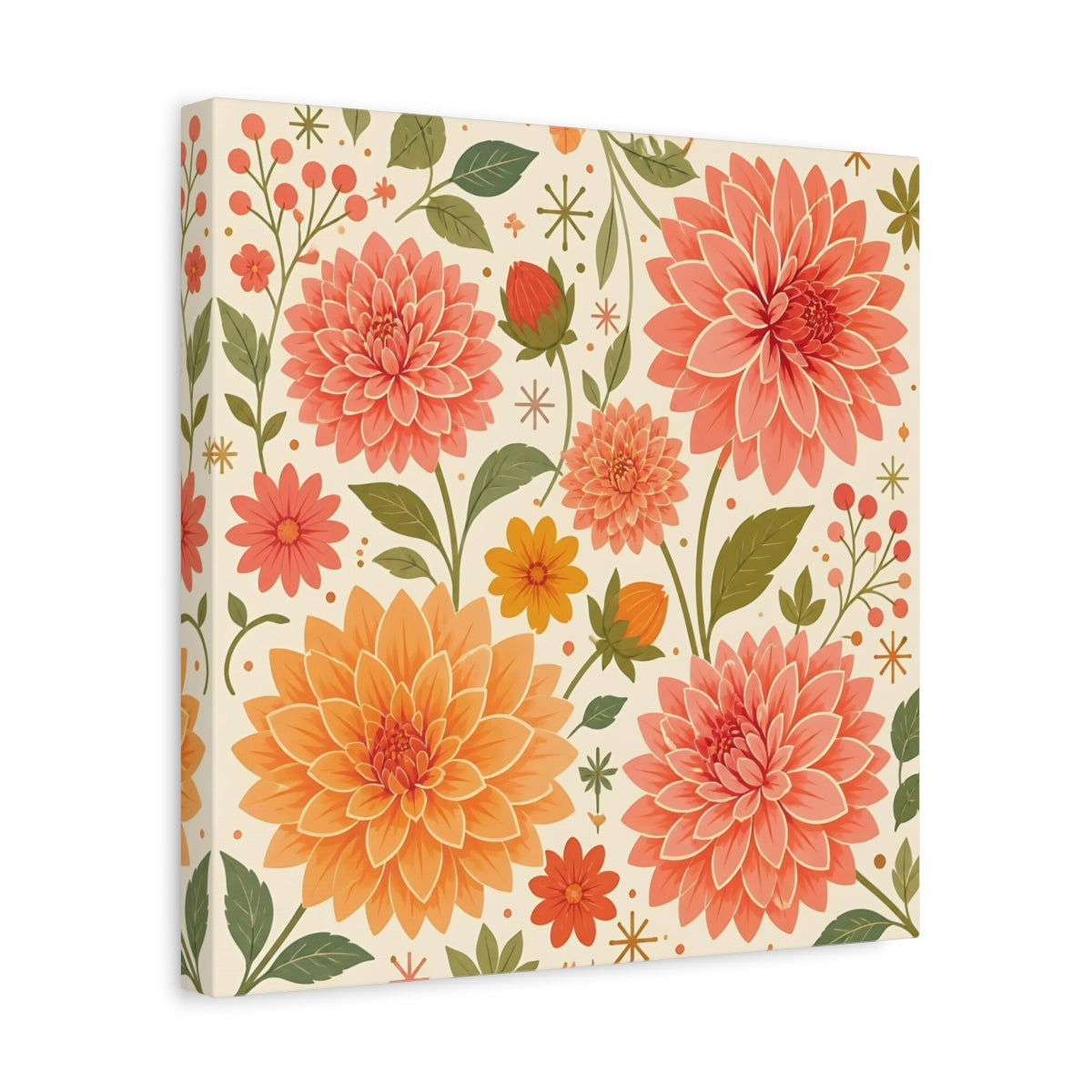 Side Mockup 7. Floral Dahlias Peach And Green Floral shown as stretched canvas wall art