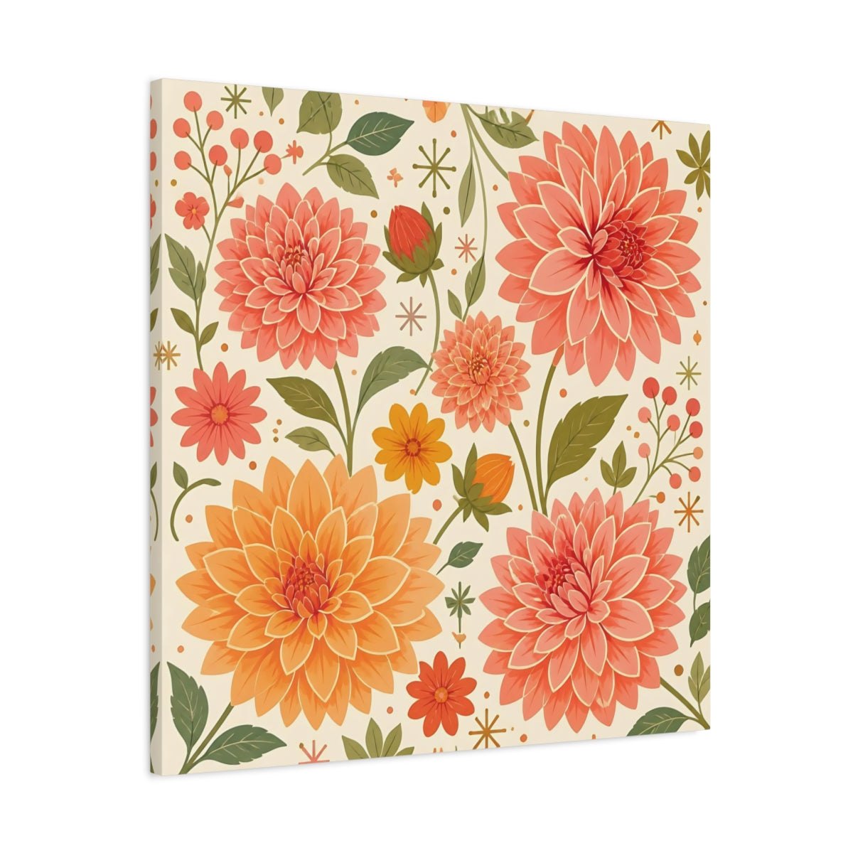 Side Mockup 3. Floral Dahlias Peach And Green Floral shown as stretched canvas wall art
