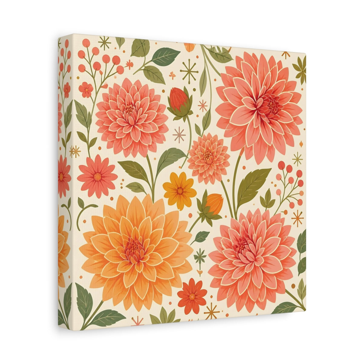 Side Mockup 9. Floral Dahlias Peach And Green Floral shown as stretched canvas wall art