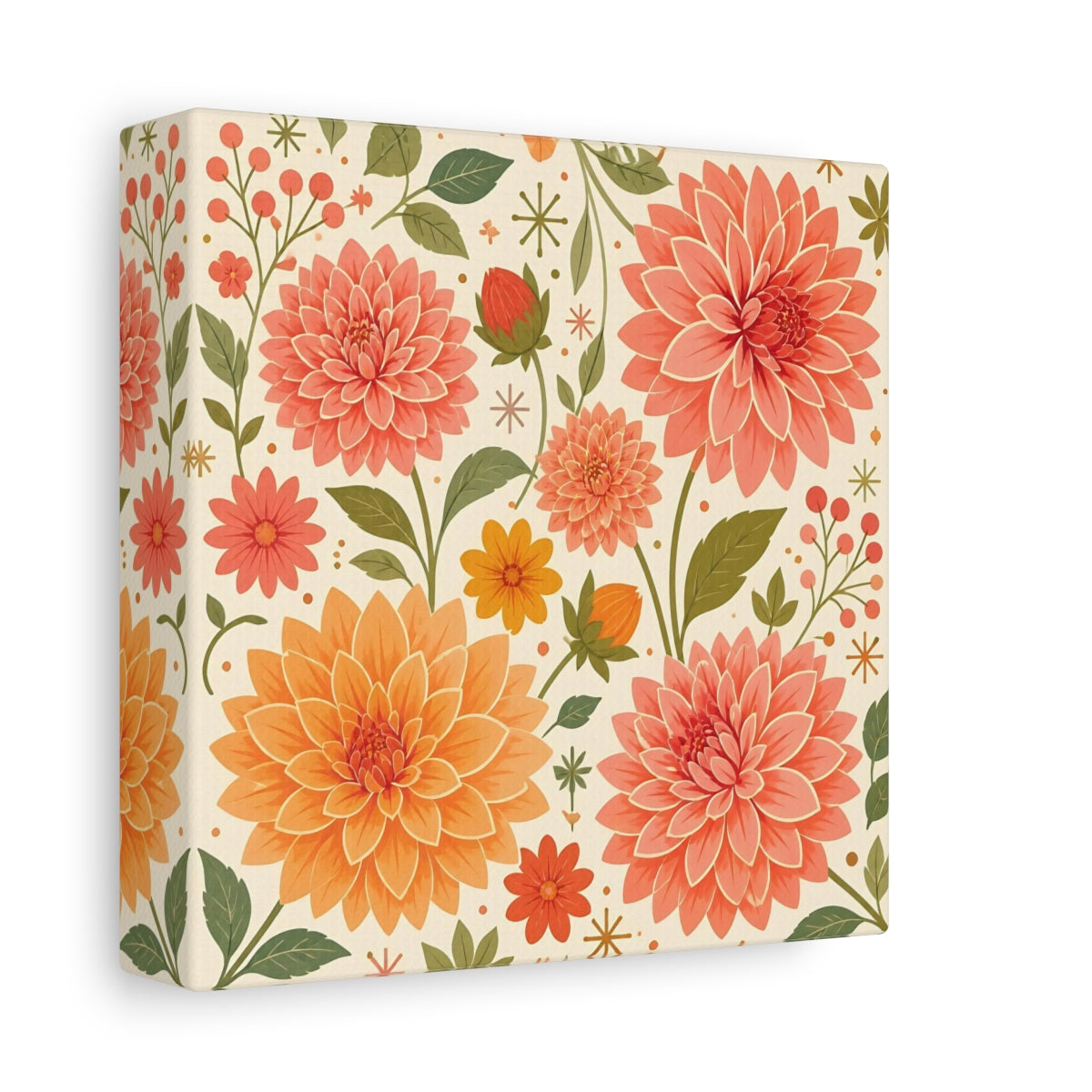 Side Mockup 2. Floral Dahlias Peach And Green Floral shown as stretched canvas wall art