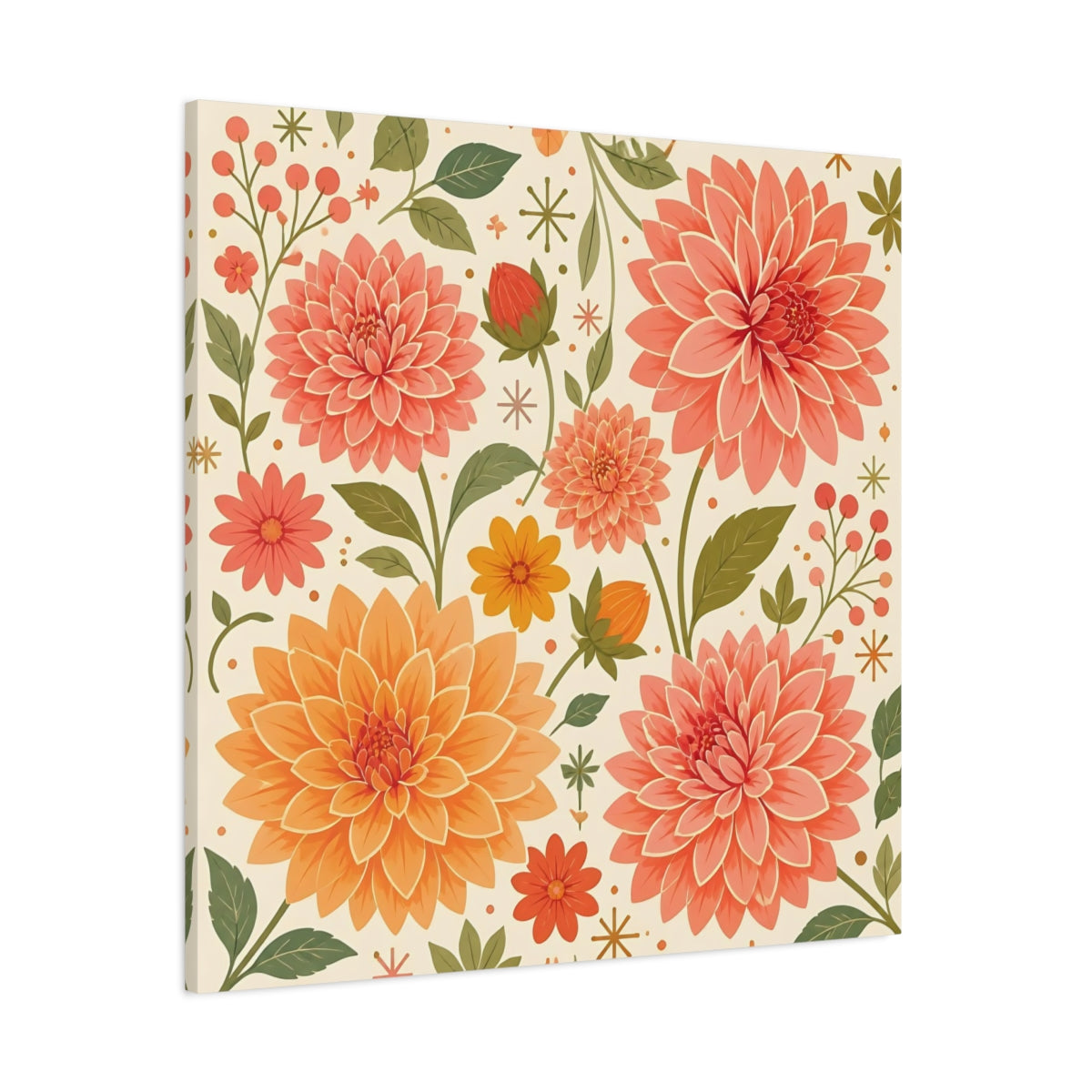 Side Mockup 1. Floral Dahlias Peach And Green Floral shown as stretched canvas wall art