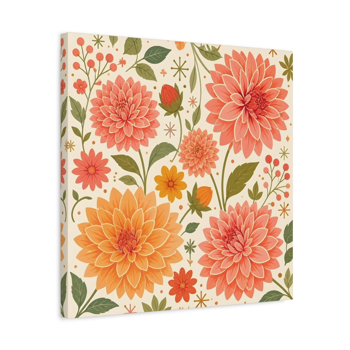 Side Mockup 5. Floral Dahlias Peach And Green Floral shown as stretched canvas wall art