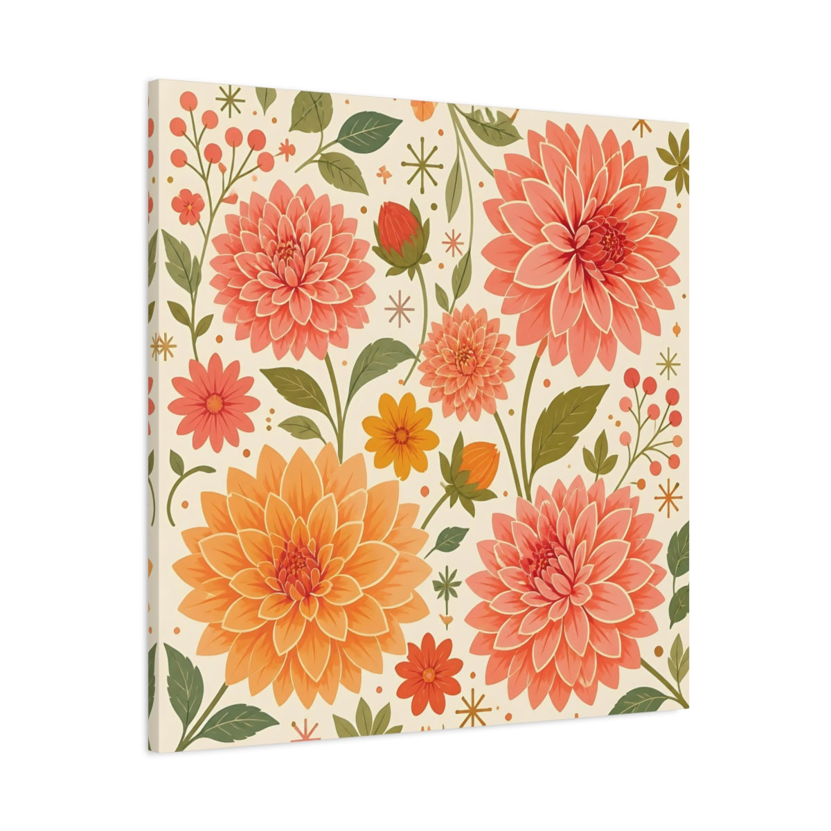 Main Mockup. Floral Dahlias Peach And Green Floral shown as stretched canvas wall art