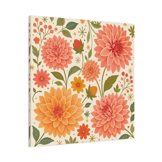 Main Mockup. Floral Dahlias Peach And Green Floral shown as stretched canvas wall art