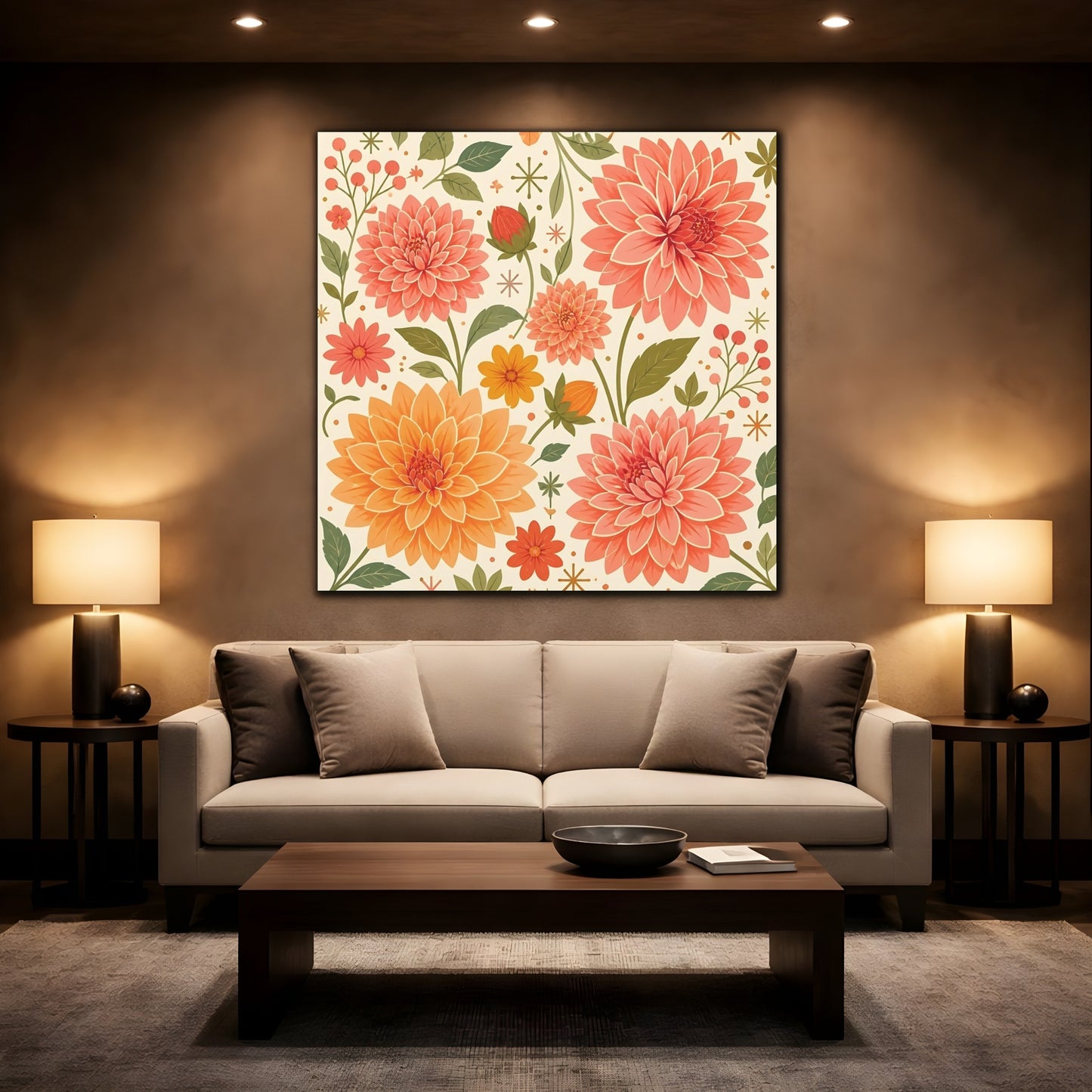 Mockup 2. Floral Dahlias Peach And Green Floral shown as stretched canvas wall art