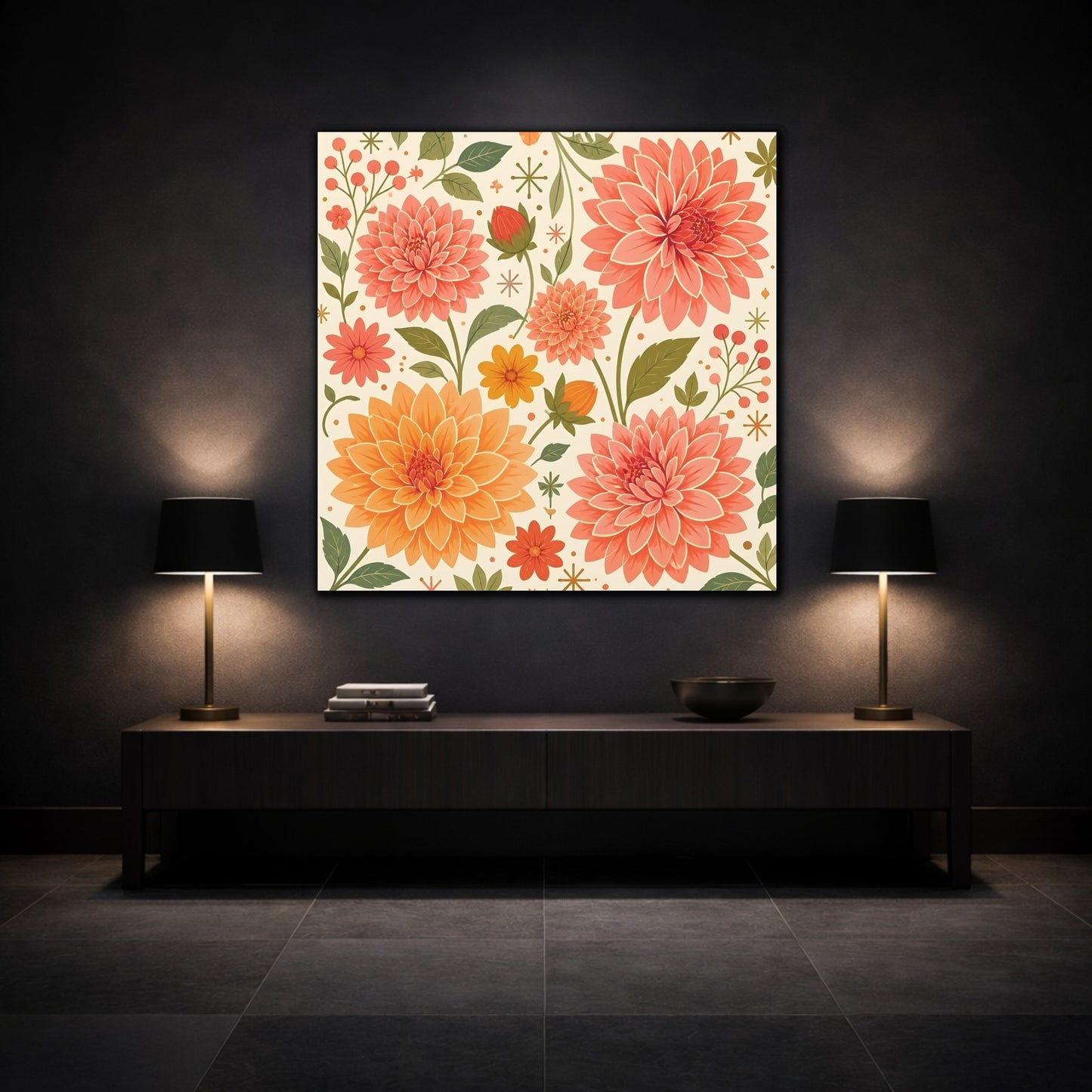Mockup 3. Floral Dahlias Peach And Green Floral shown as stretched canvas wall art