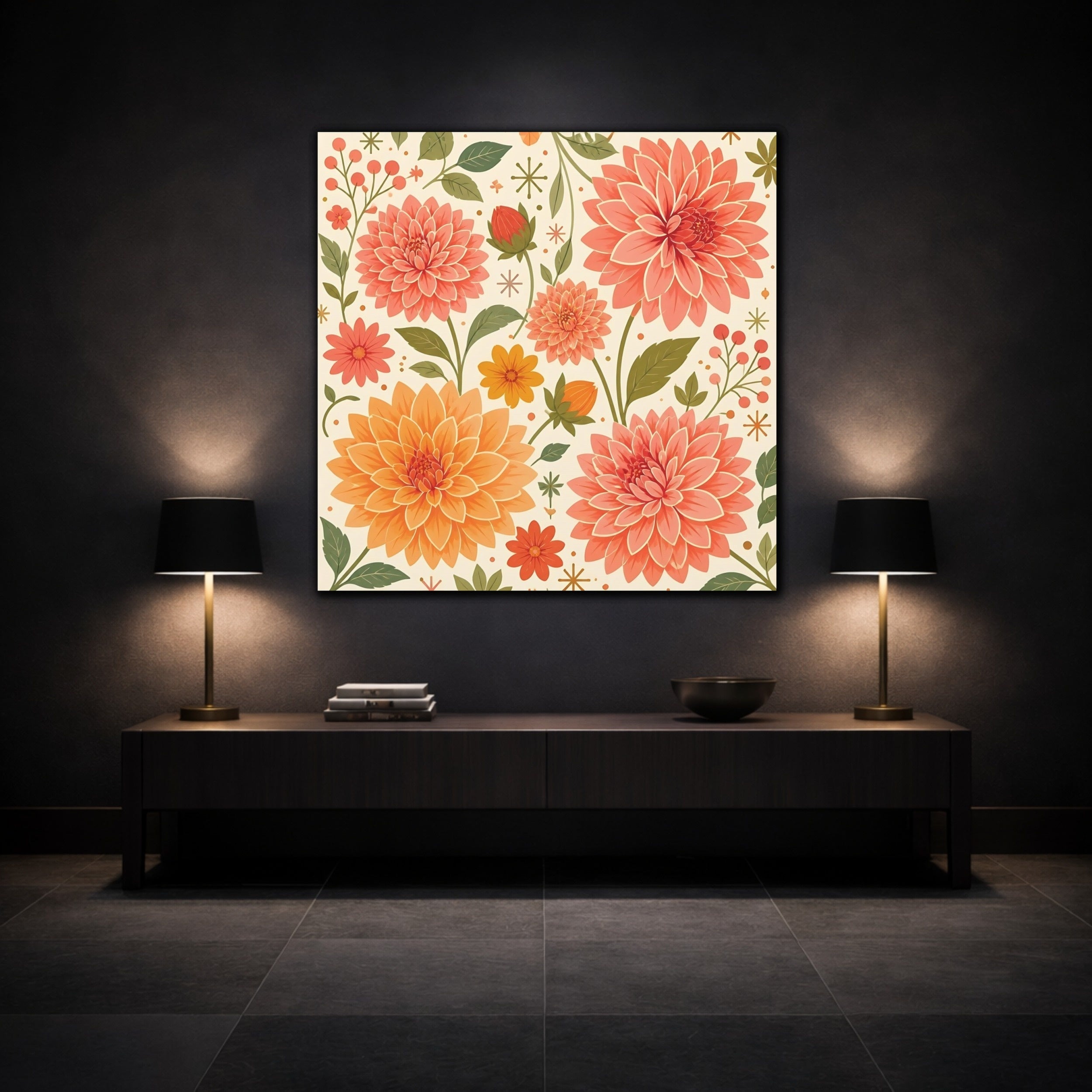 Mockup 3. Floral Dahlias Peach And Green Floral shown as stretched canvas wall art