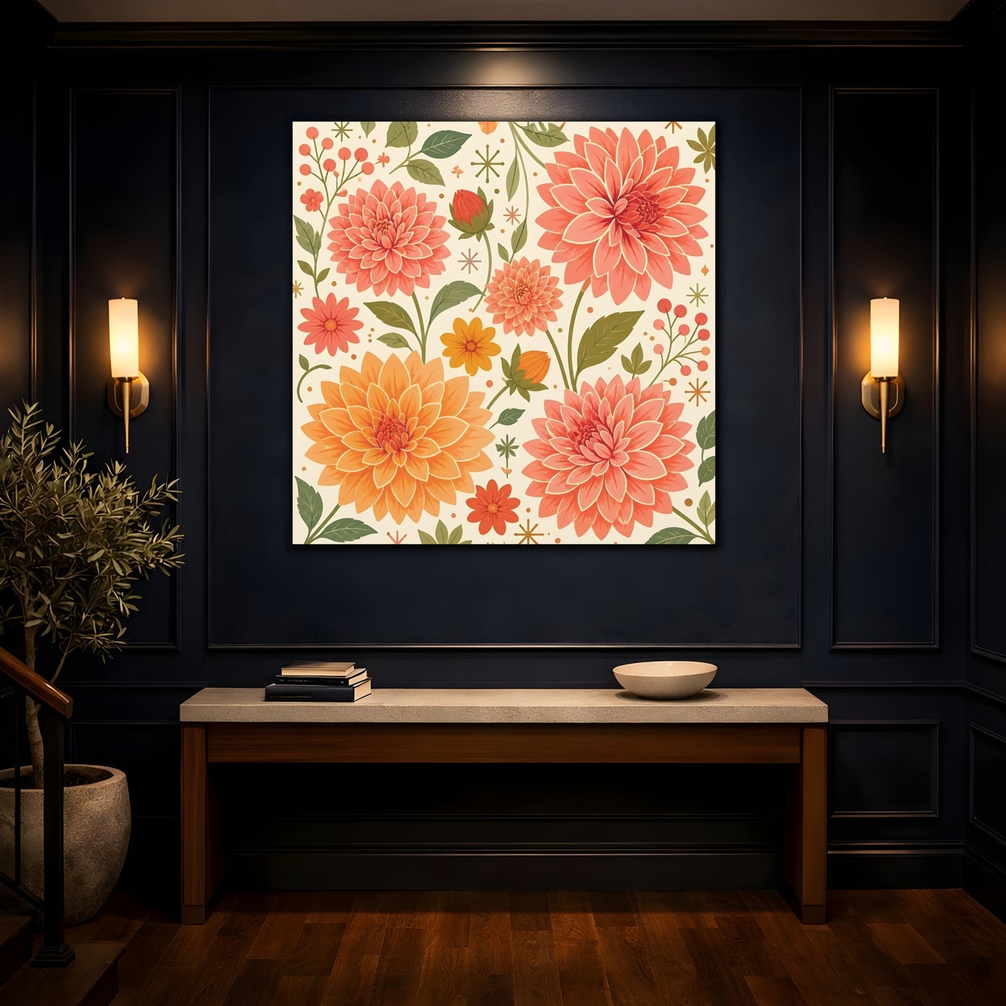 Mockup 4. Floral Dahlias Peach And Green Floral shown as stretched canvas wall art