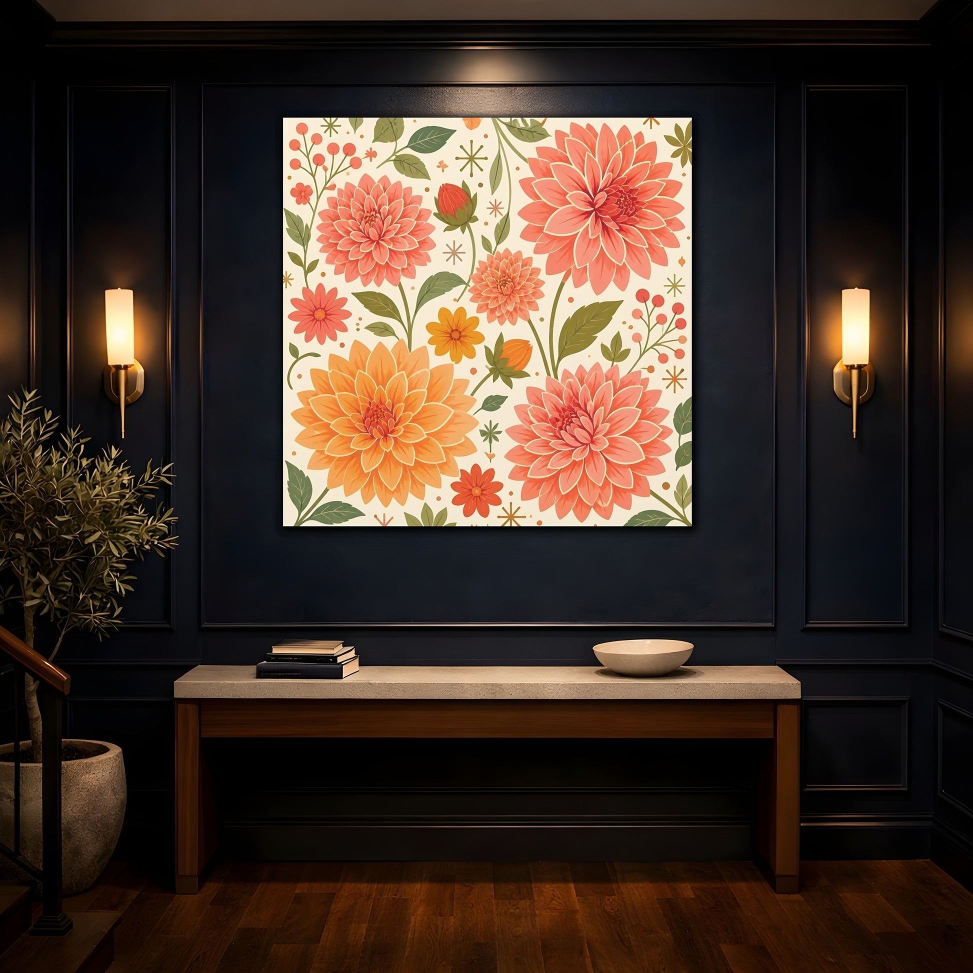Mockup 4. Floral Dahlias Peach And Green Floral shown as stretched canvas wall art