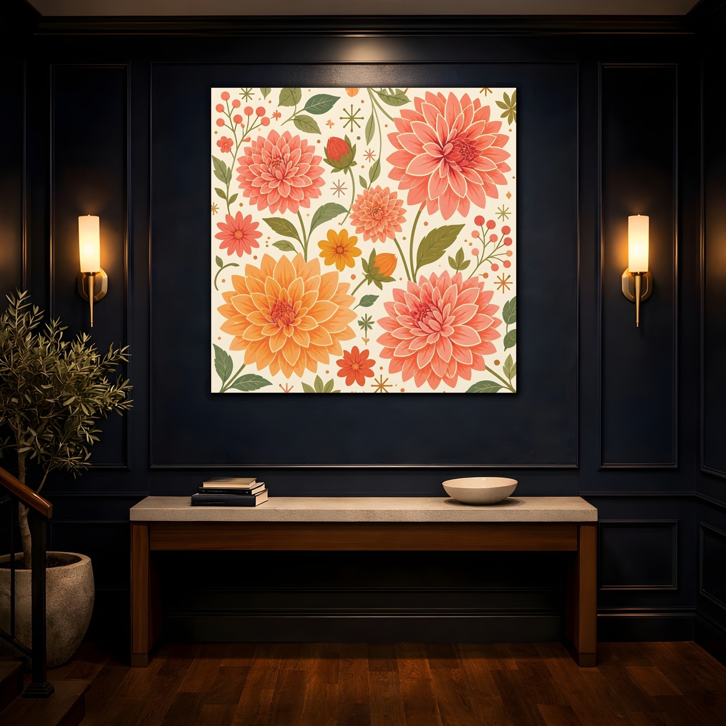Mockup 4. Floral Dahlias Peach And Green Floral shown as stretched canvas wall art