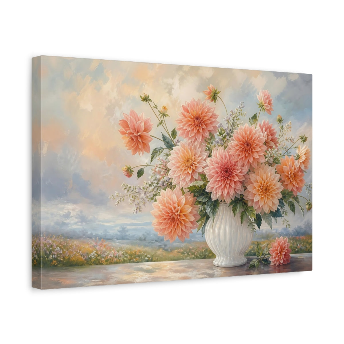 Side Mockup 4. Floral Dahlias Peach Dahlia Bouquet shown as stretched canvas wall art