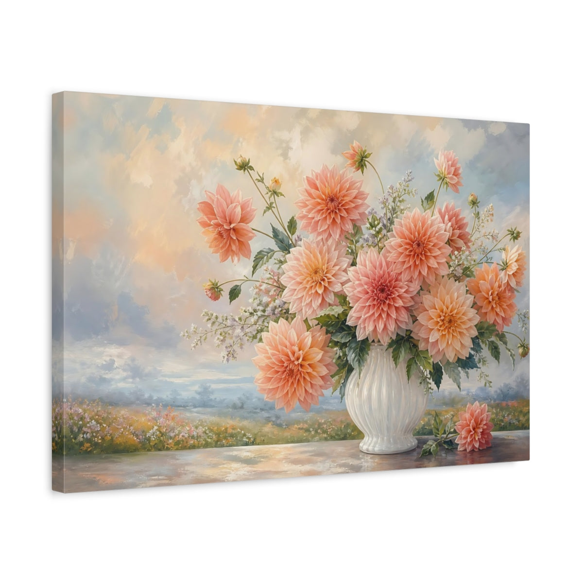Side Mockup 3. Floral Dahlias Peach Dahlia Bouquet shown as stretched canvas wall art