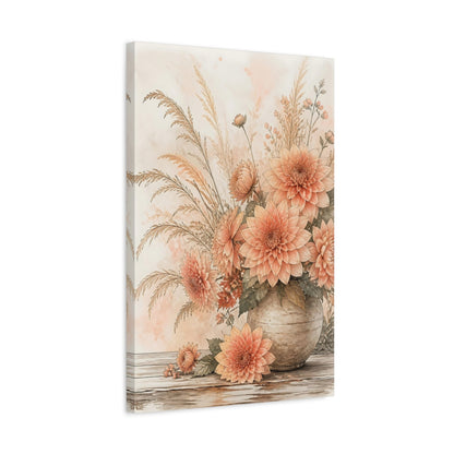 Side Mockup 3. Floral Dahlias Peach Floral shown as stretched canvas wall art