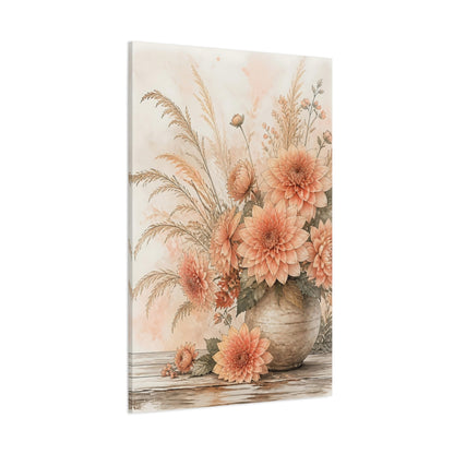 Side Mockup 1. Floral Dahlias Peach Floral shown as stretched canvas wall art