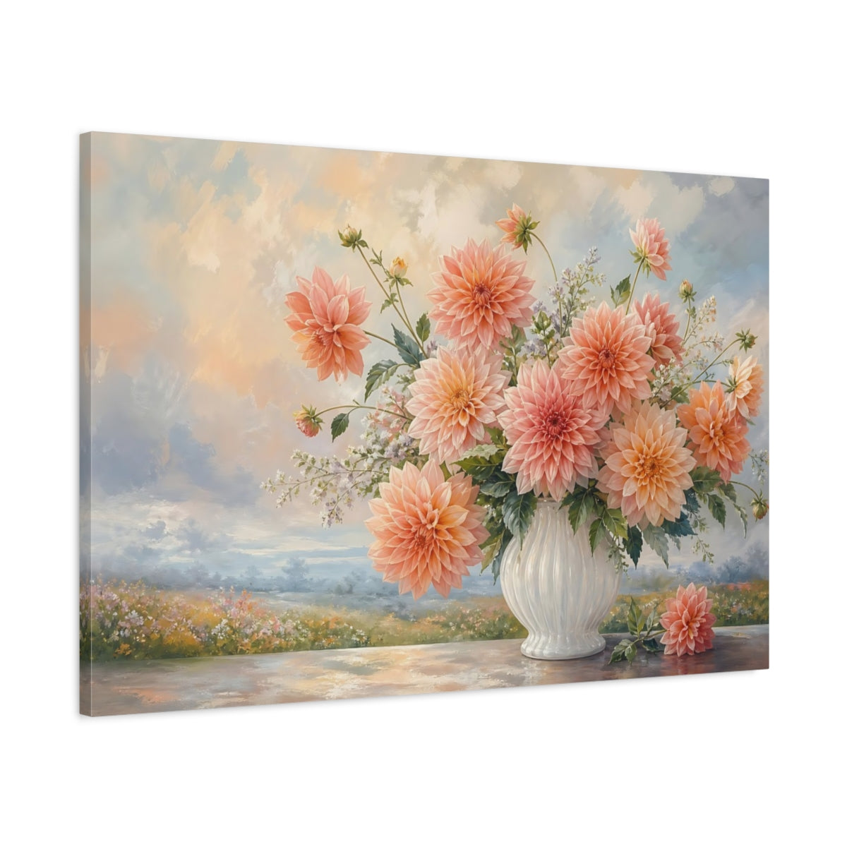 Main Mockup. Floral Dahlias Peach Dahlia Bouquet shown as stretched canvas wall art