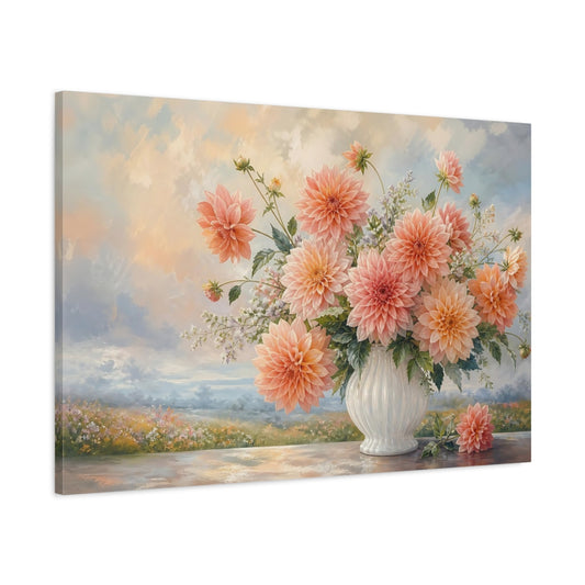 Main Mockup. Floral Dahlias Peach Dahlia Bouquet shown as stretched canvas wall art