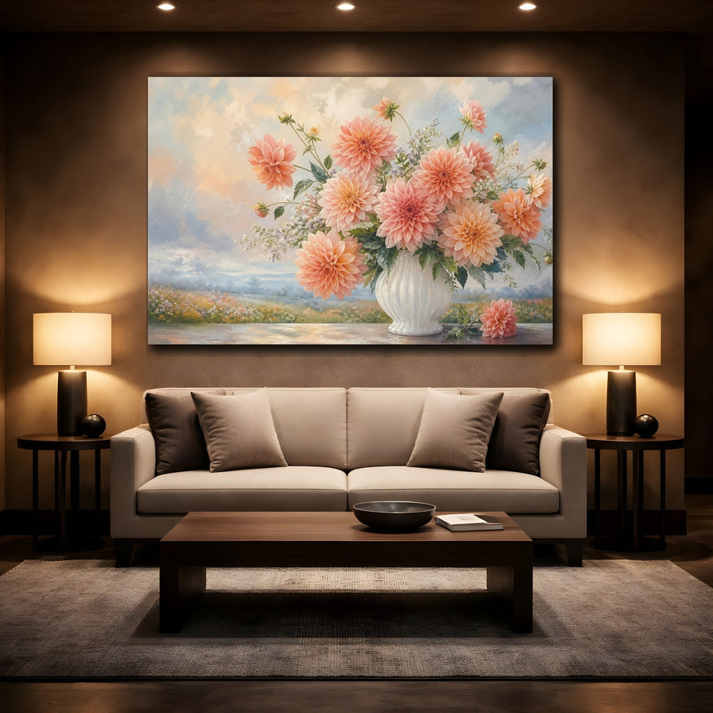 Mockup 2. Floral Dahlias Peach Dahlia Bouquet shown as stretched canvas wall art