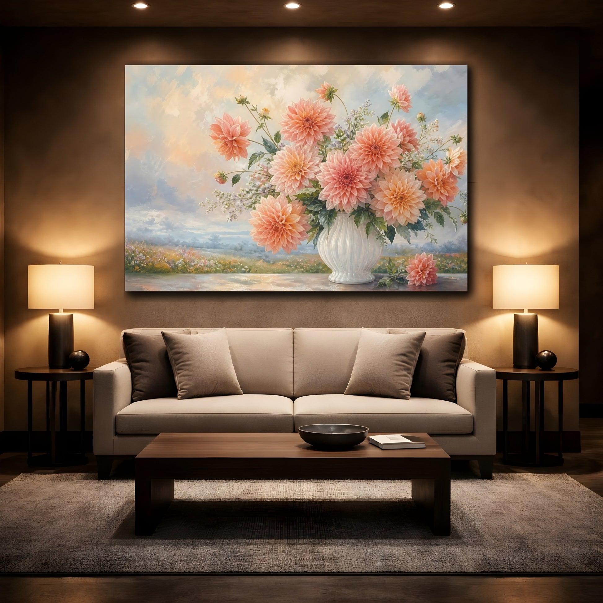 Mockup 2. Floral Dahlias Peach Dahlia Bouquet shown as stretched canvas wall art