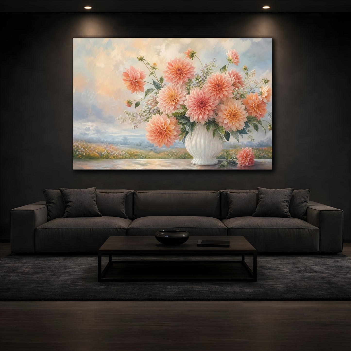 Mockup 3. Floral Dahlias Peach Dahlia Bouquet shown as stretched canvas wall art