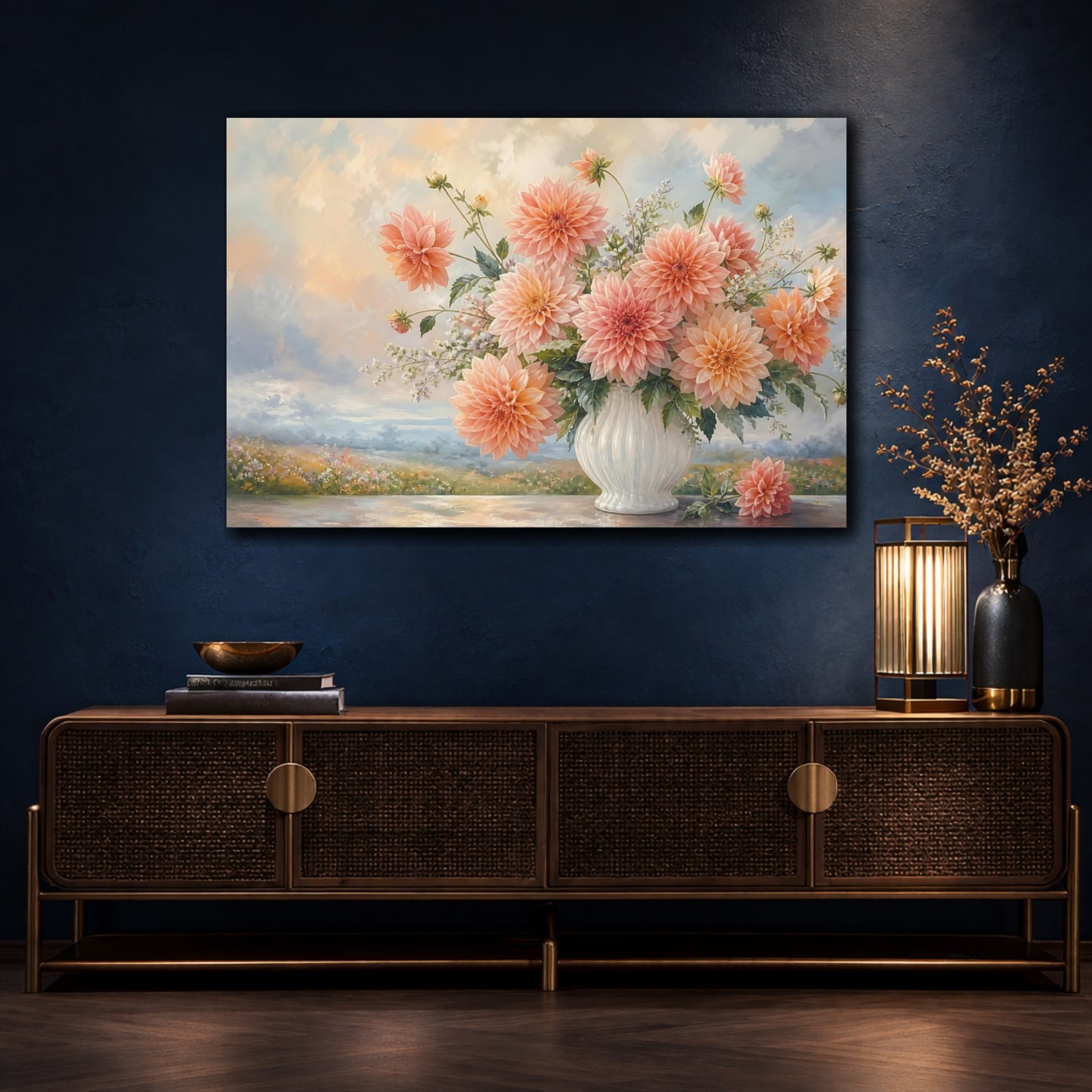 Mockup 4. Floral Dahlias Peach Dahlia Bouquet shown as stretched canvas wall art