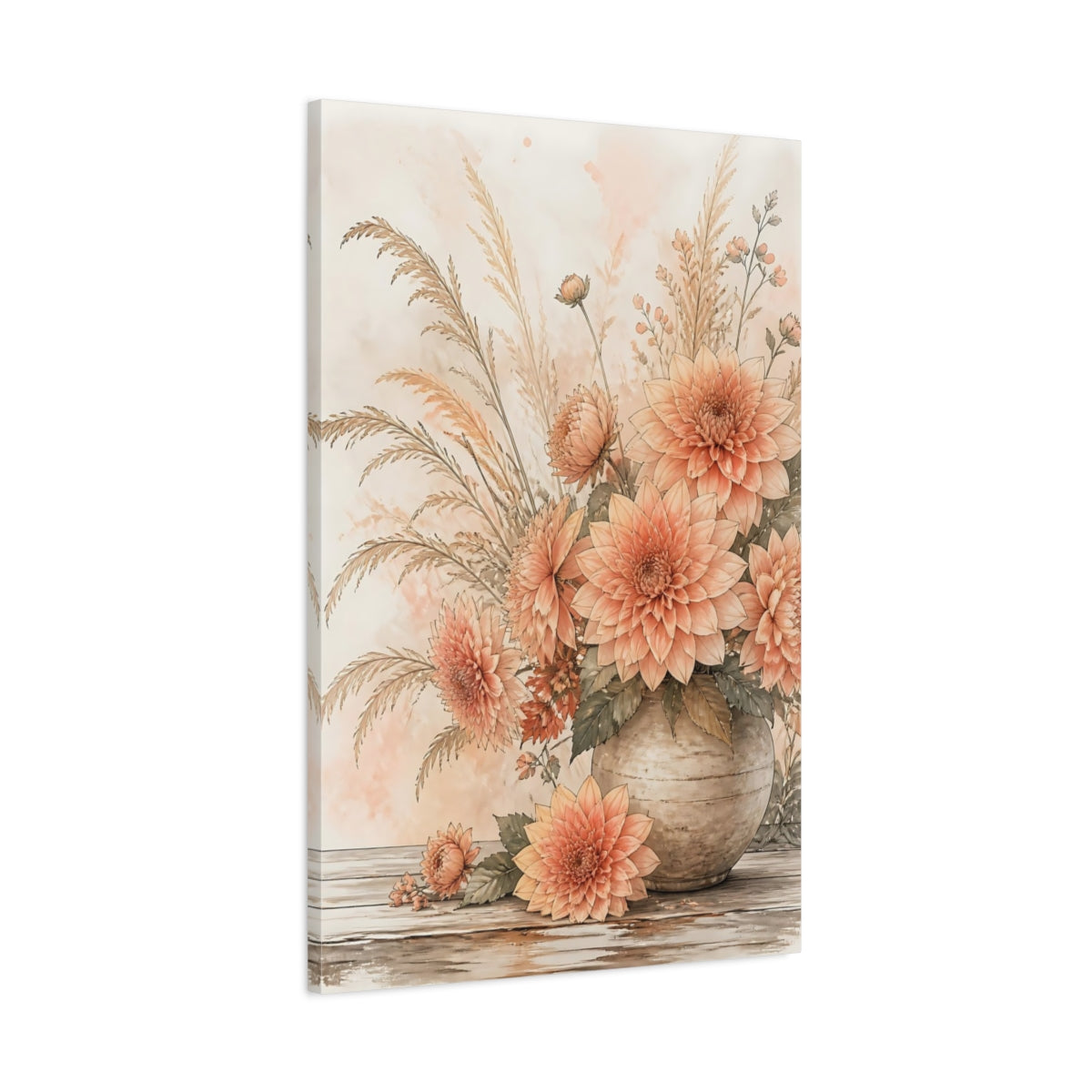 Main Mockup. Floral Dahlias Peach Floral shown as stretched canvas wall art