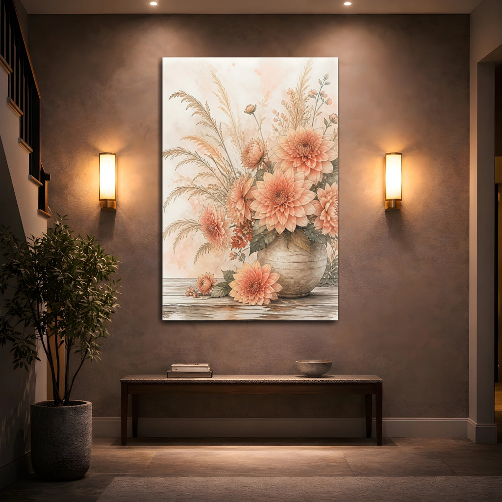 Mockup 2. Floral Dahlias Peach Floral shown as stretched canvas wall art
