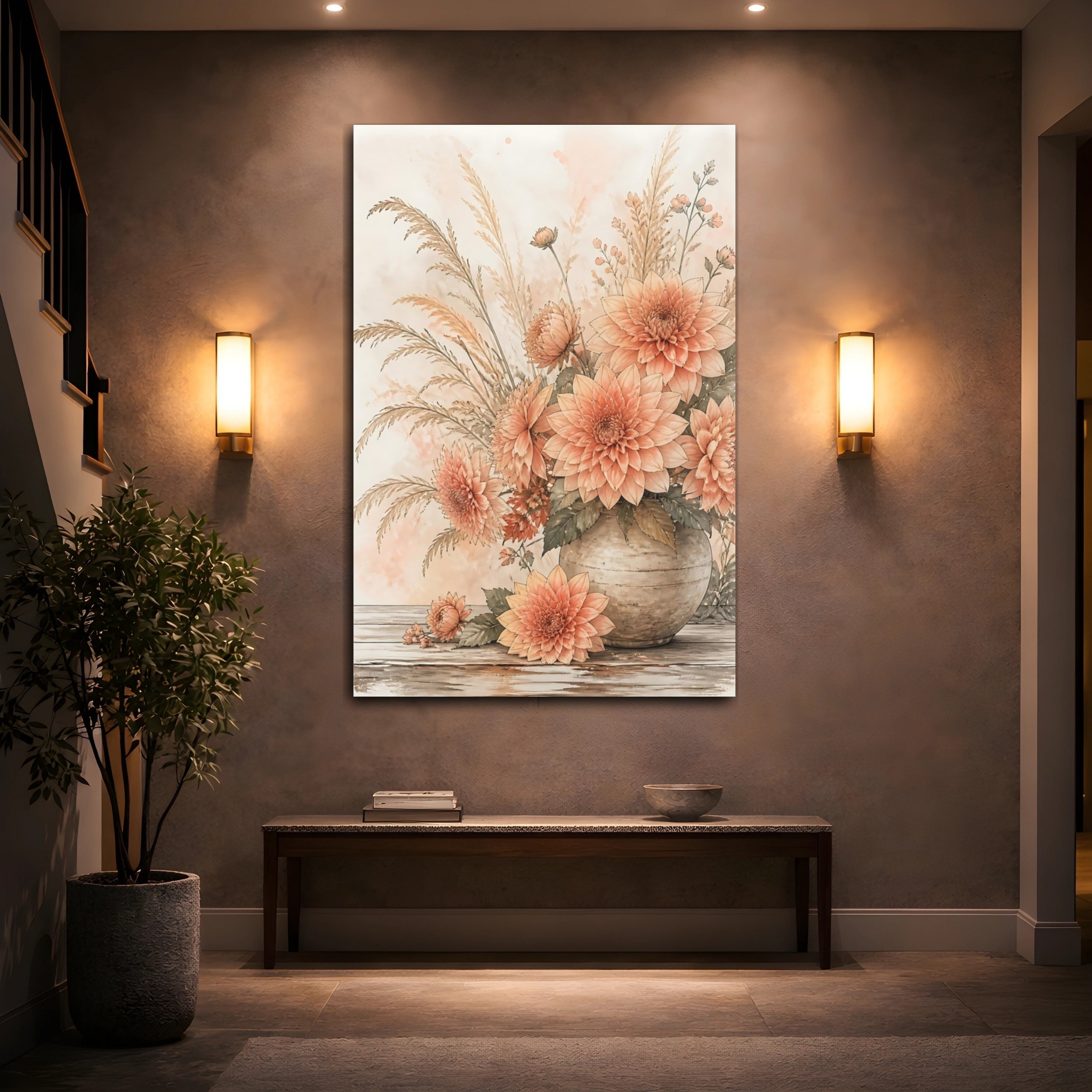 Mockup 2. Floral Dahlias Peach Floral shown as stretched canvas wall art
